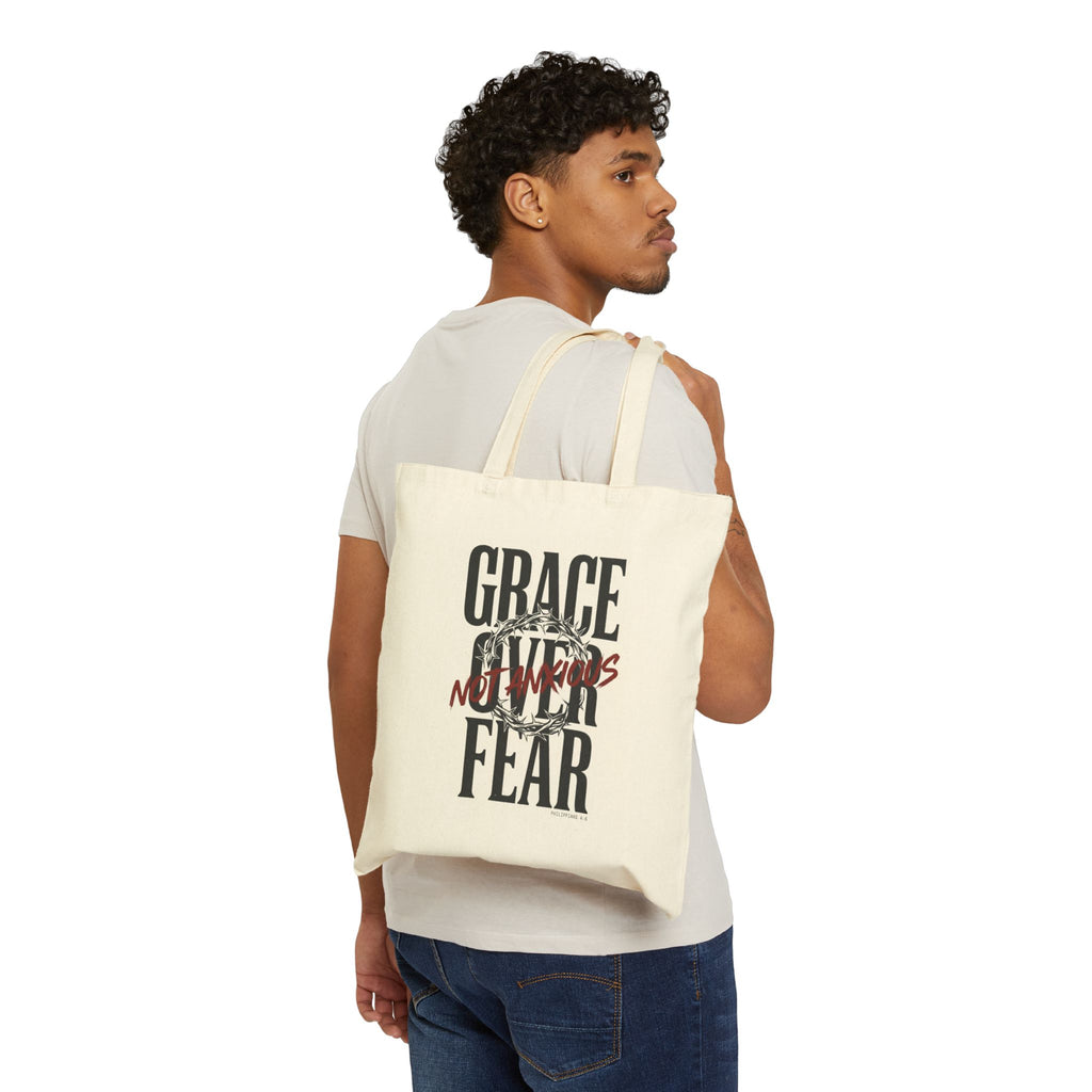 Grace Over Fear Tote | Christian Streetwear, Distressed Scripture Typography