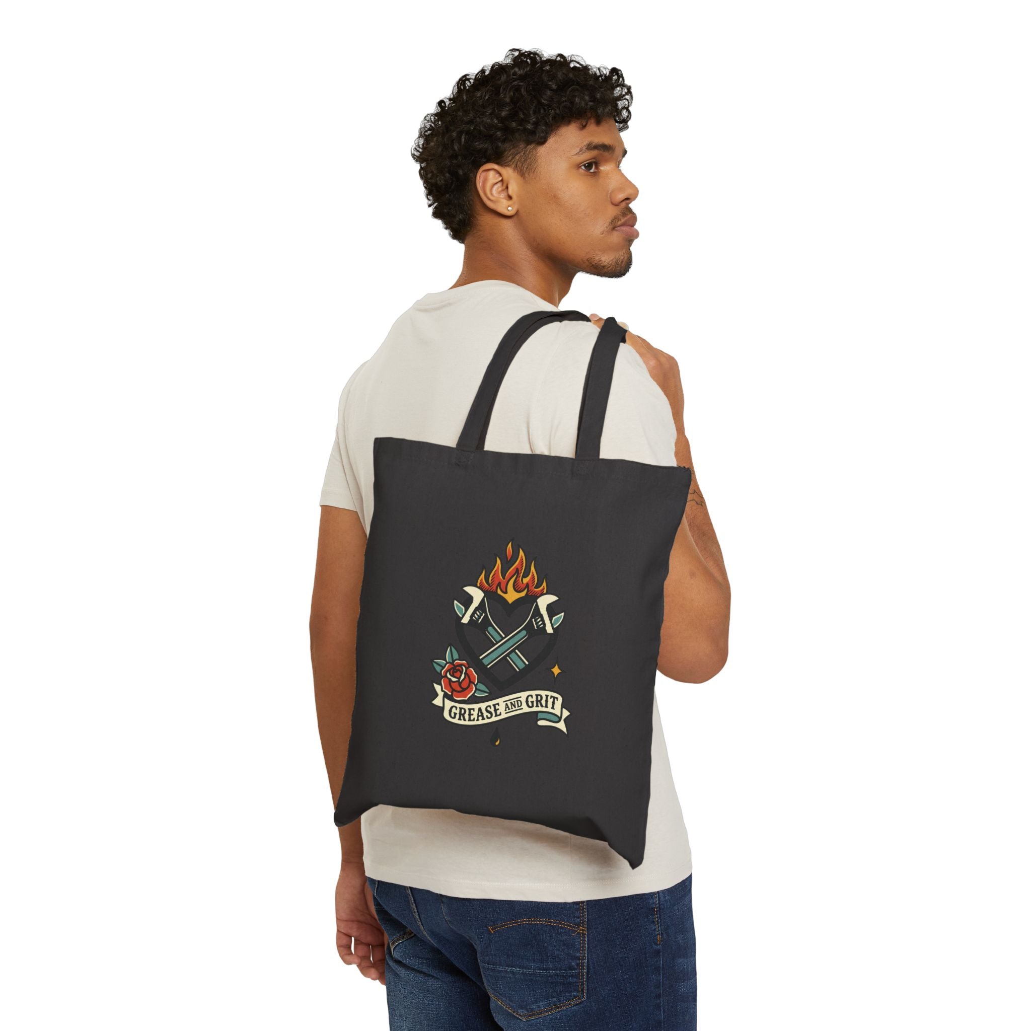 Grease & Grit Heart Flame Tote | Traditional Tattoo-Inspired, Rose Banner Canvas