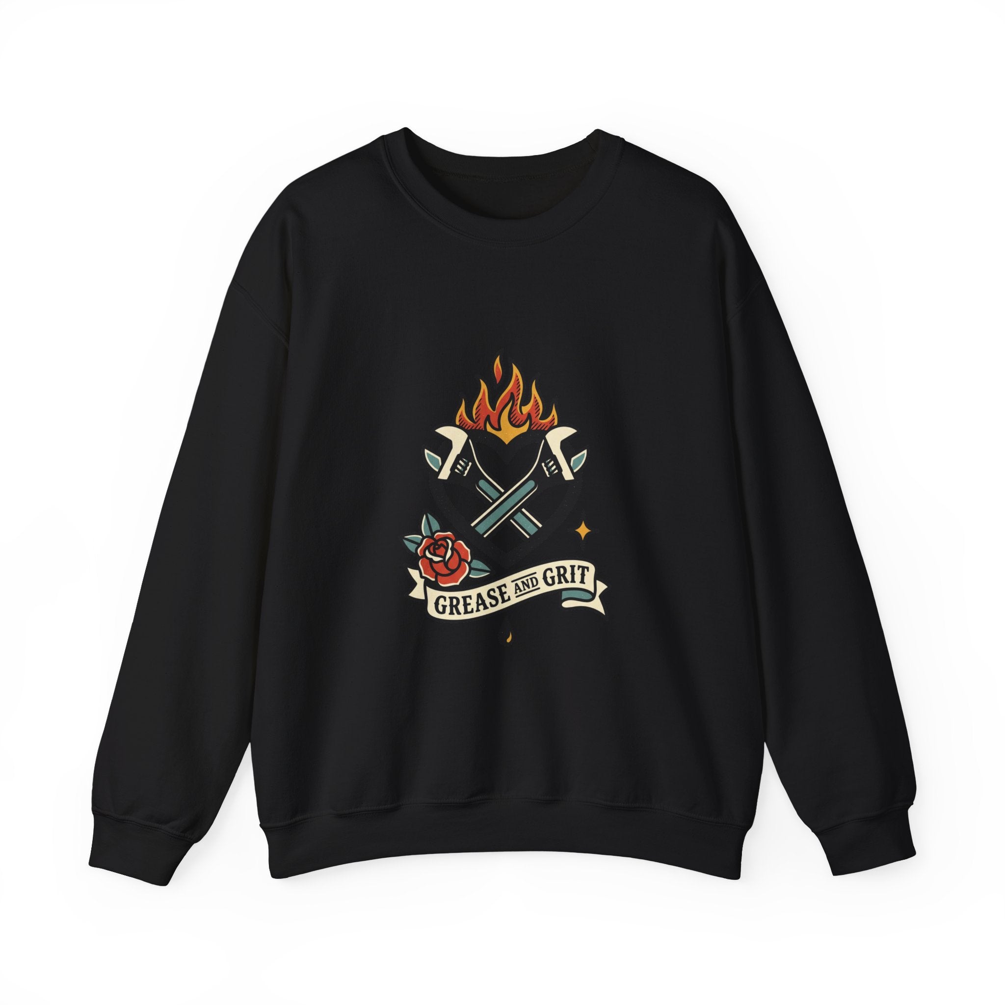 Grease and Grit Heart & Wrench Sweatshirt | Traditional Tattoo-Inspired, Flame & Rose