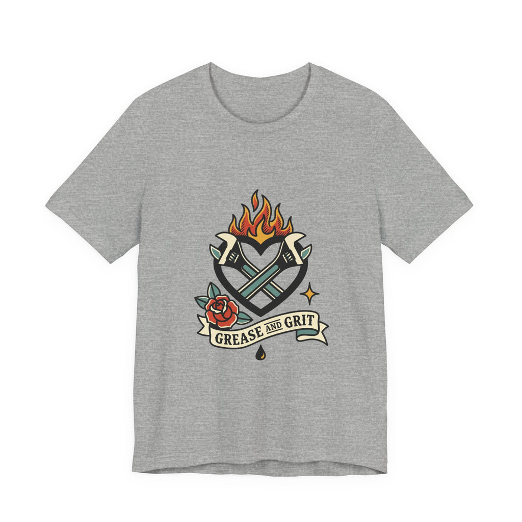 Grease and Grit Heart Flame Tee | Traditional Tattoo Style, Banner & Rose