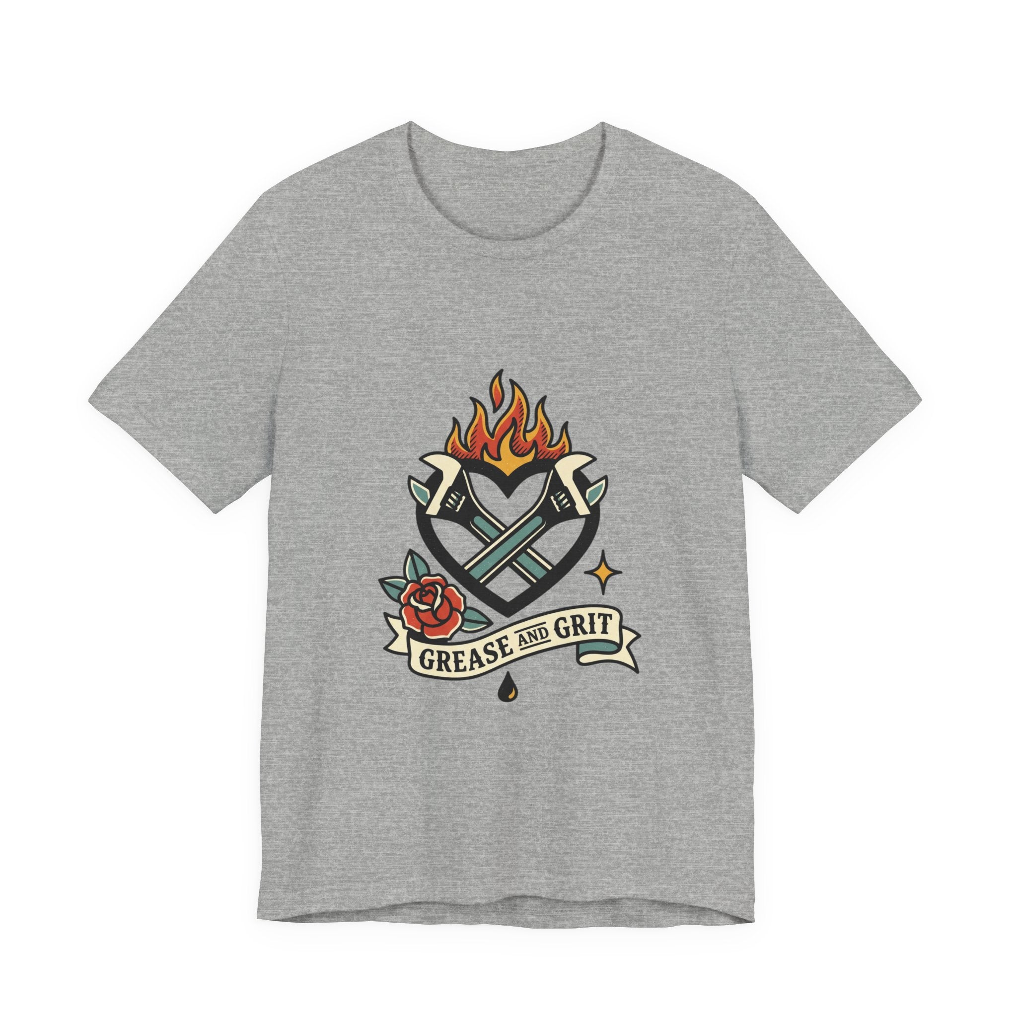 Grease and Grit Heart Flame Tee | Traditional Tattoo Style, Banner & Rose