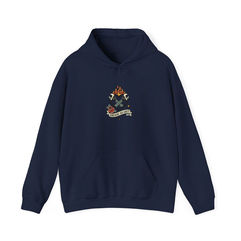 Flaming Dagger Crest Hoodie | Traditional Tattoo-Style, Banner & Roses