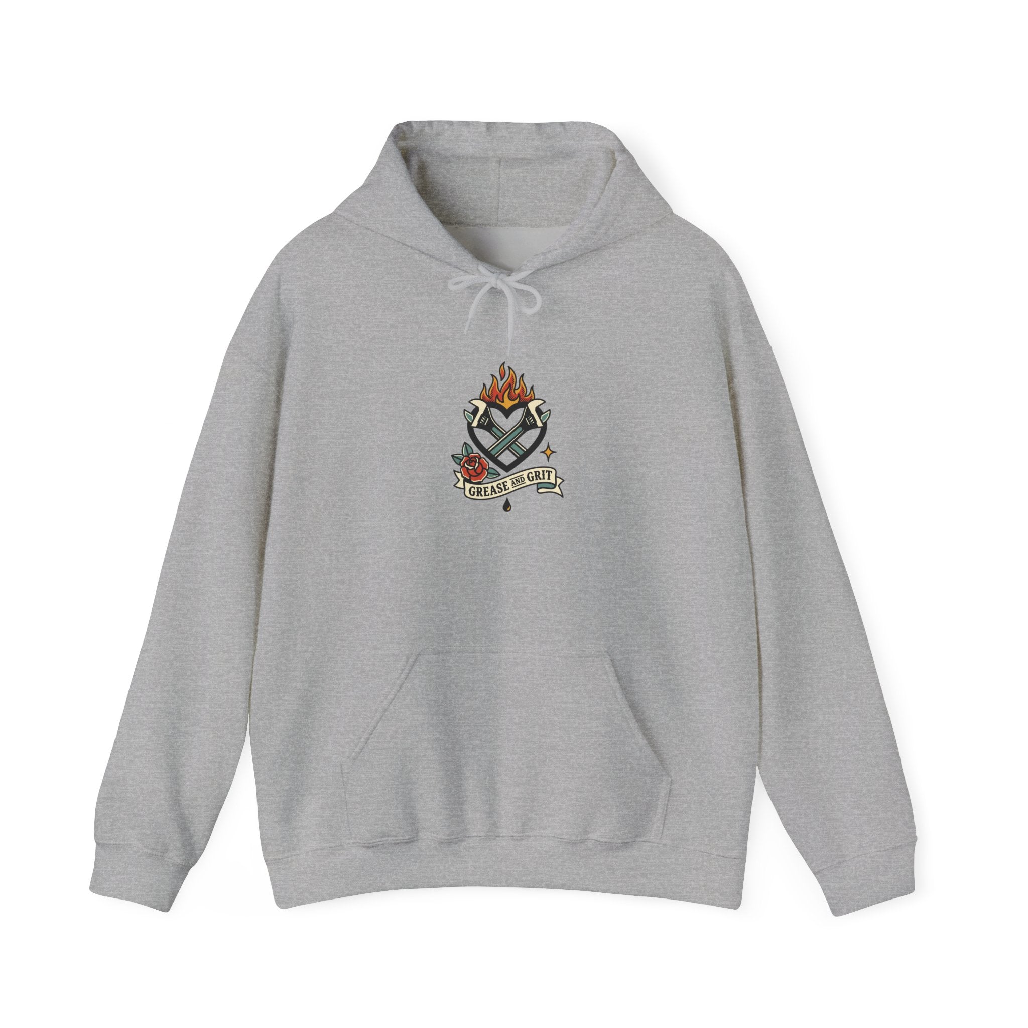 Flaming Dagger Crest Hoodie | Traditional Tattoo-Style, Banner & Roses