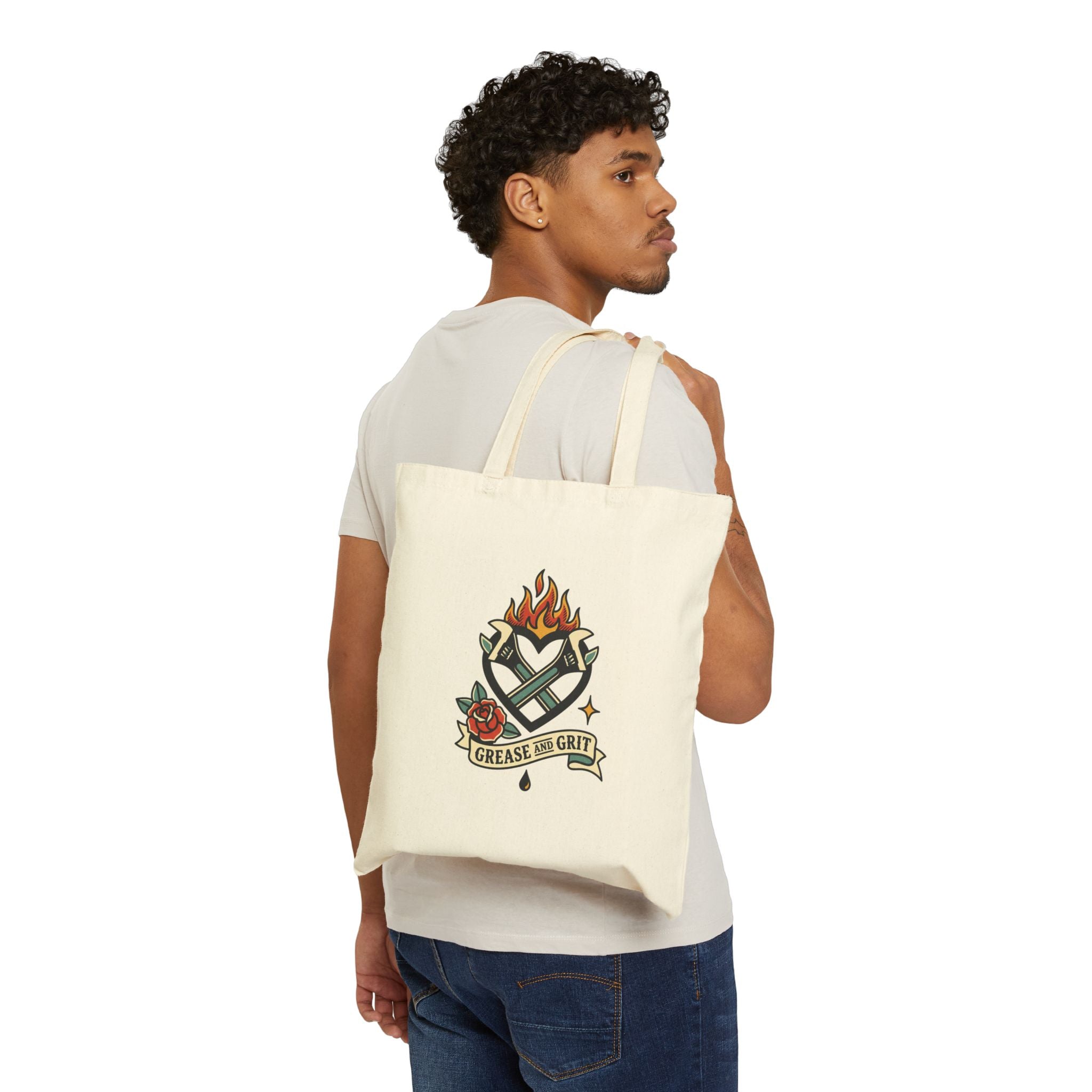 Grease & Grit Heart Flame Tote | Traditional Tattoo-Inspired, Rose Banner Canvas