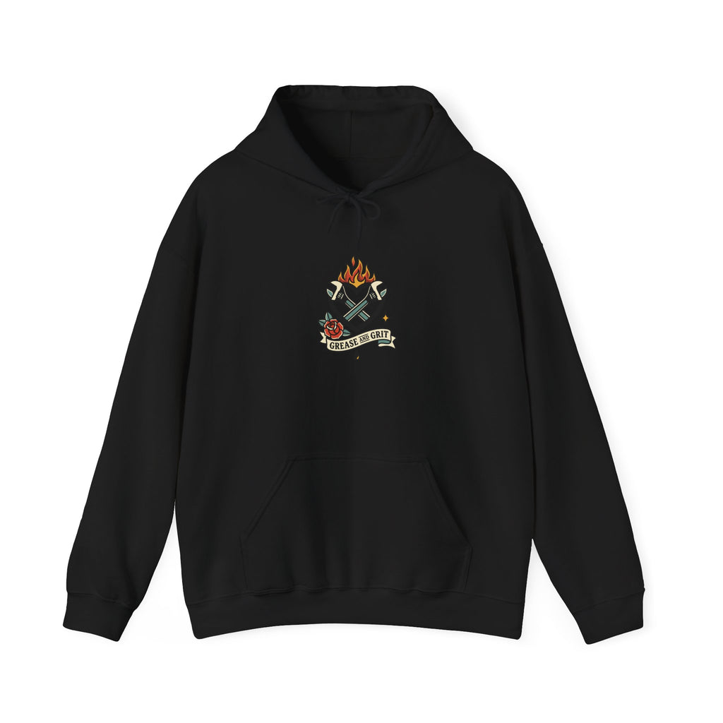Flaming Dagger Crest Hoodie | Traditional Tattoo-Style, Banner & Roses