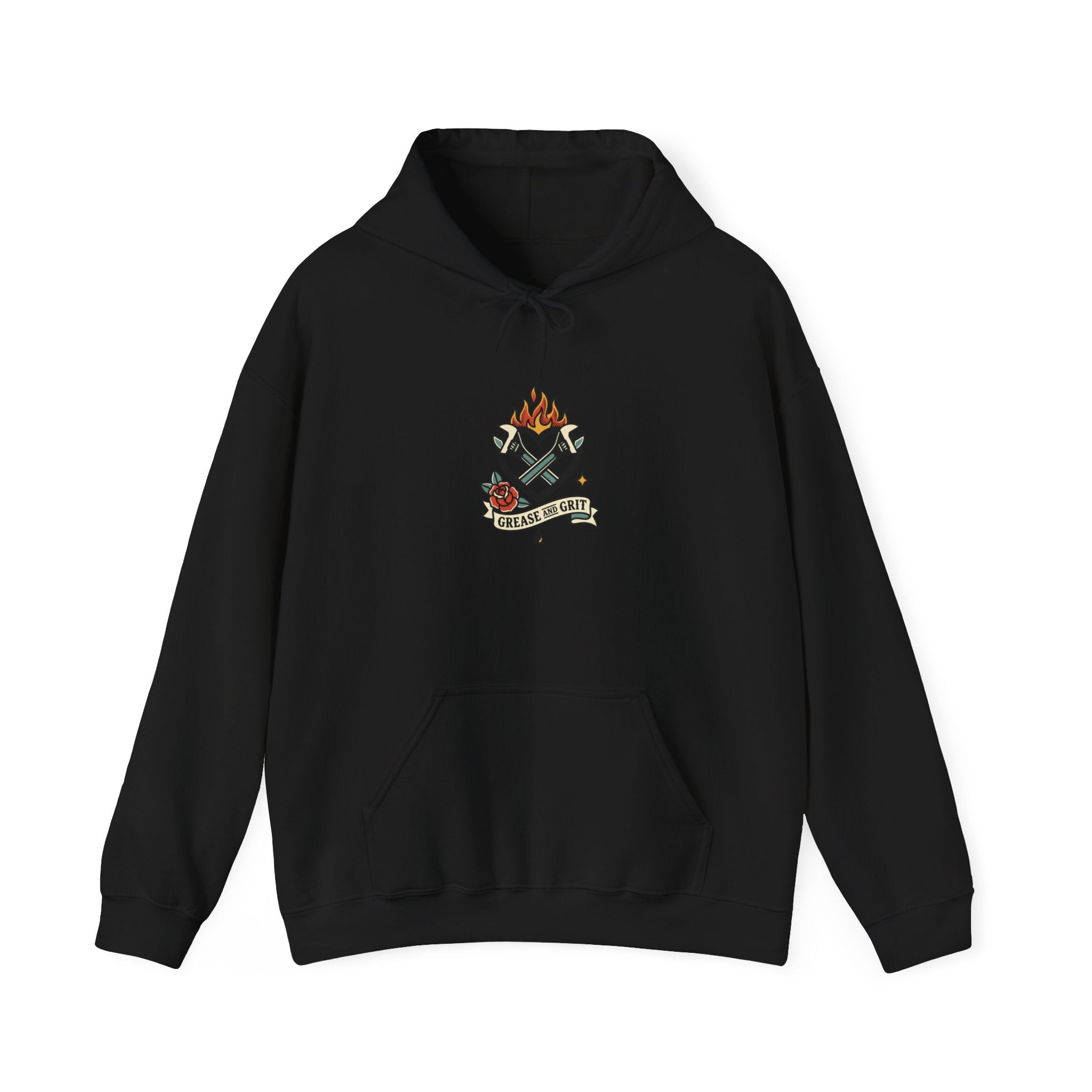 Flaming Dagger Crest Hoodie | Traditional Tattoo-Style, Banner & Roses