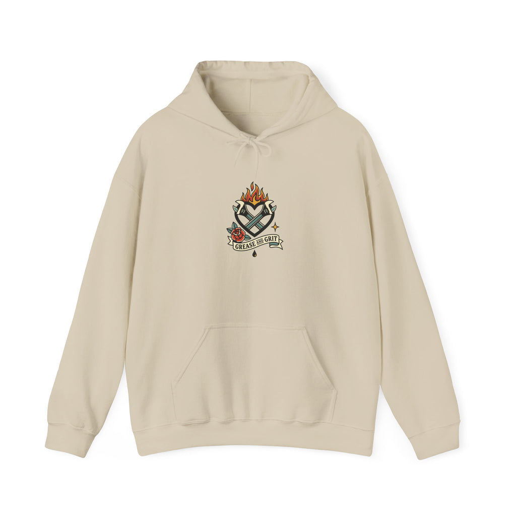 Flaming Dagger Crest Hoodie | Traditional Tattoo-Style, Banner & Roses