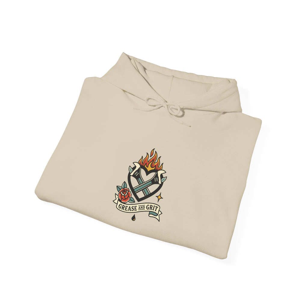 Flaming Dagger Crest Hoodie | Traditional Tattoo-Style, Banner & Roses