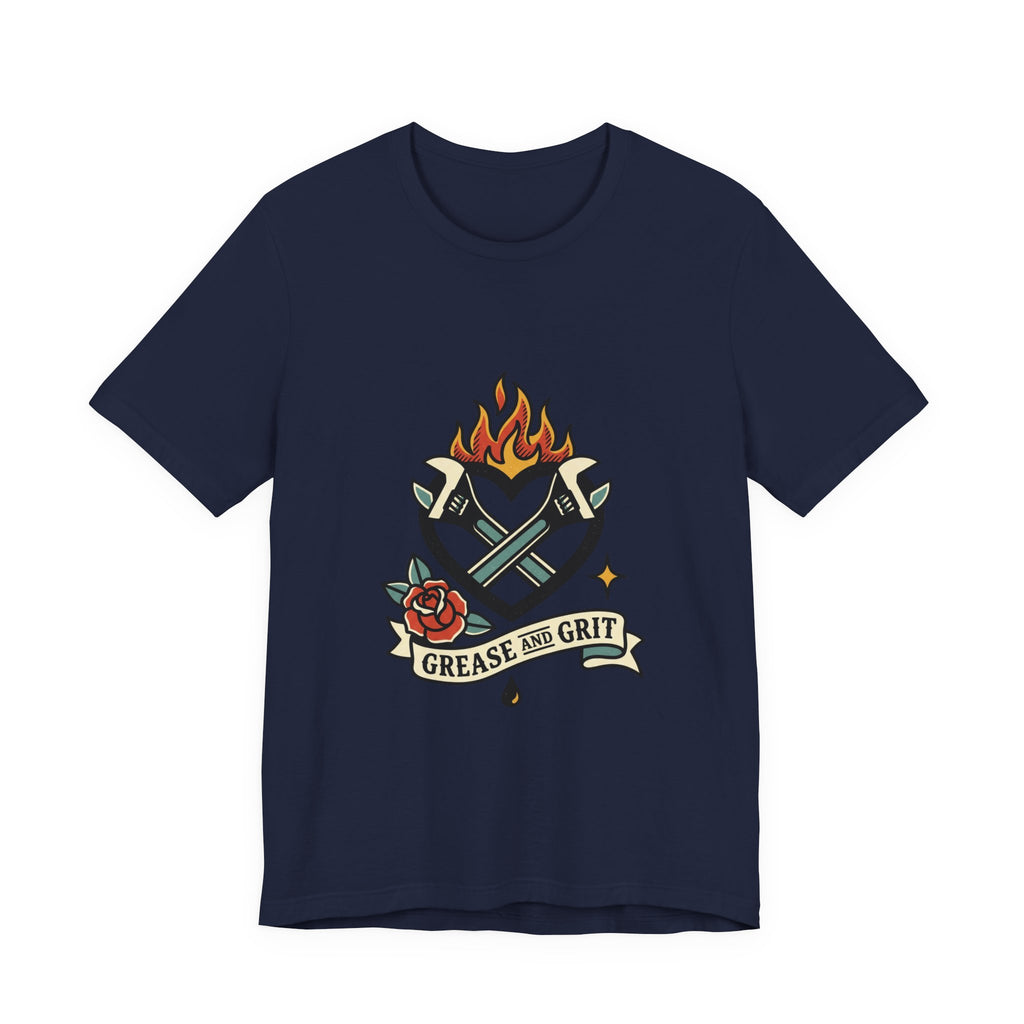 Grease and Grit Heart Flame Tee | Traditional Tattoo Style, Banner & Rose