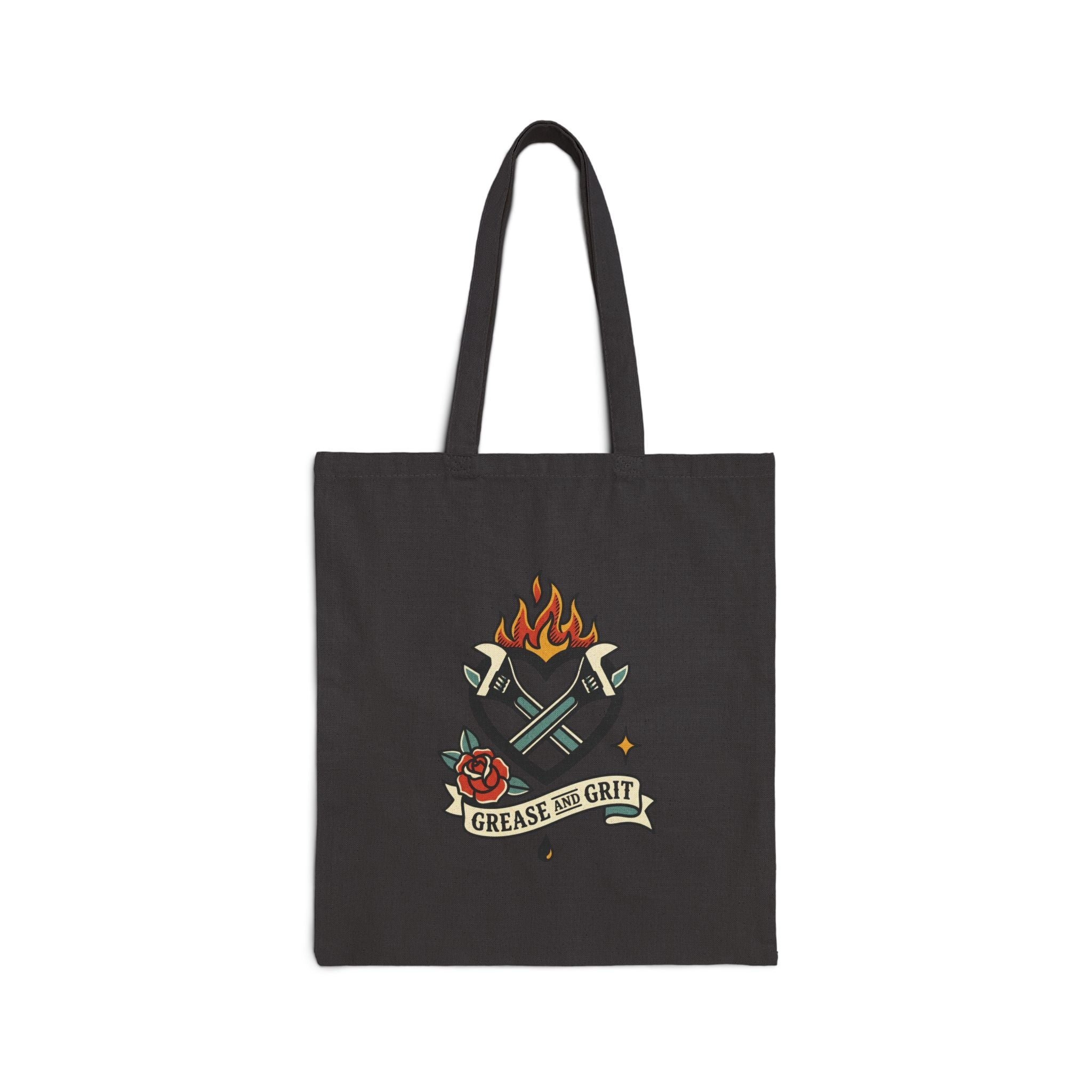Grease & Grit Heart Flame Tote | Traditional Tattoo-Inspired, Rose Banner Canvas