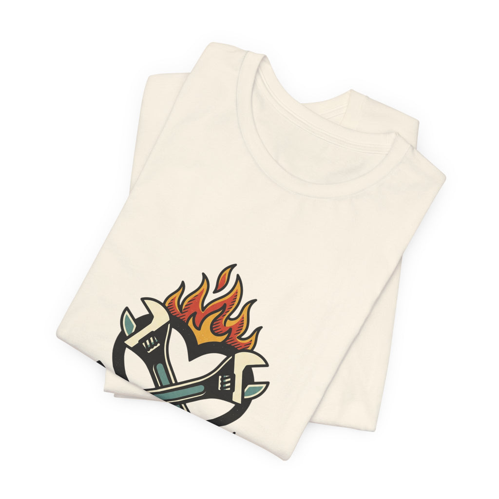 Grease and Grit Heart Flame Tee | Traditional Tattoo Style, Banner & Rose
