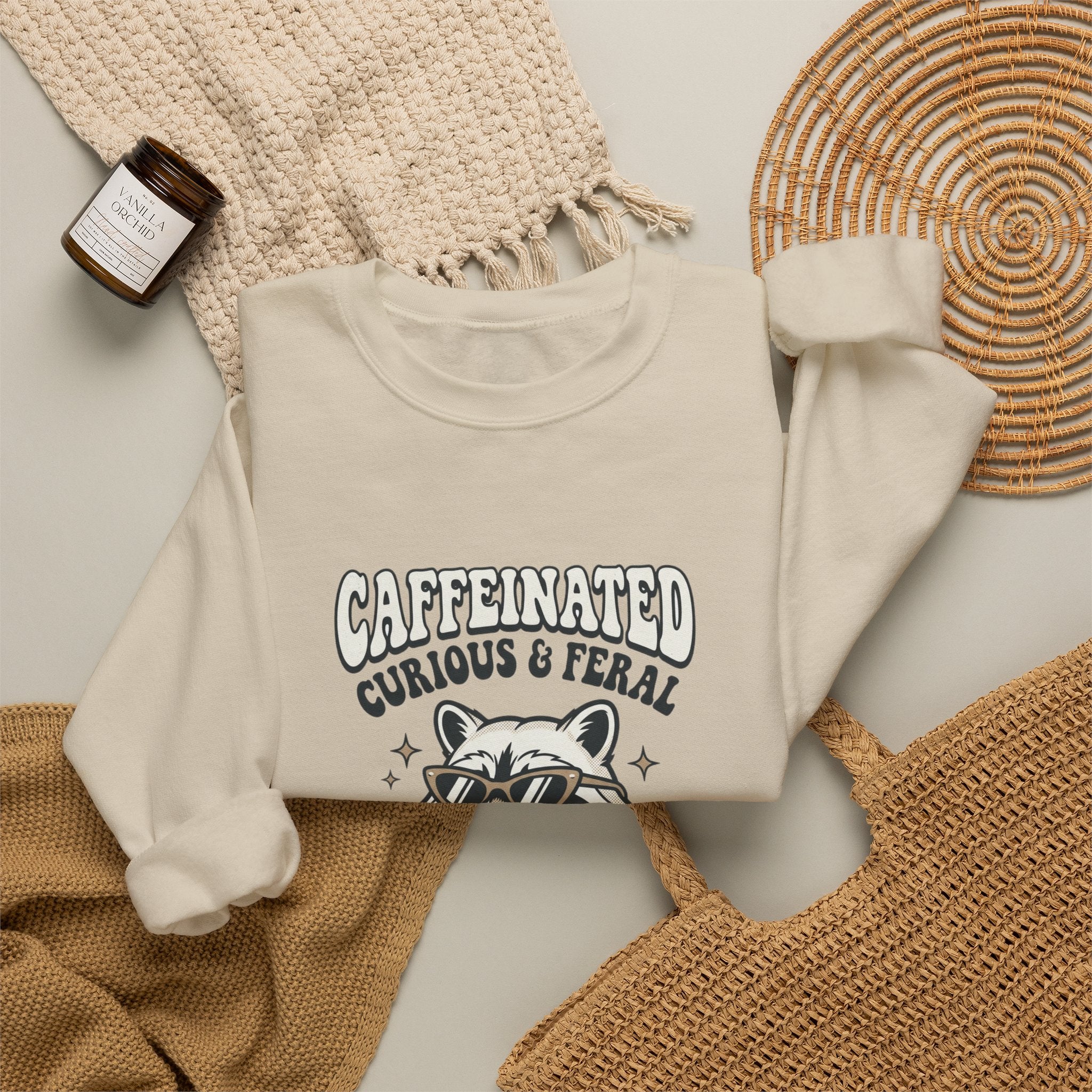 Caffeinated Curious & Feral Raccoon Crewneck | Feral Raccoon Aesthetic, Celestial Wilderness