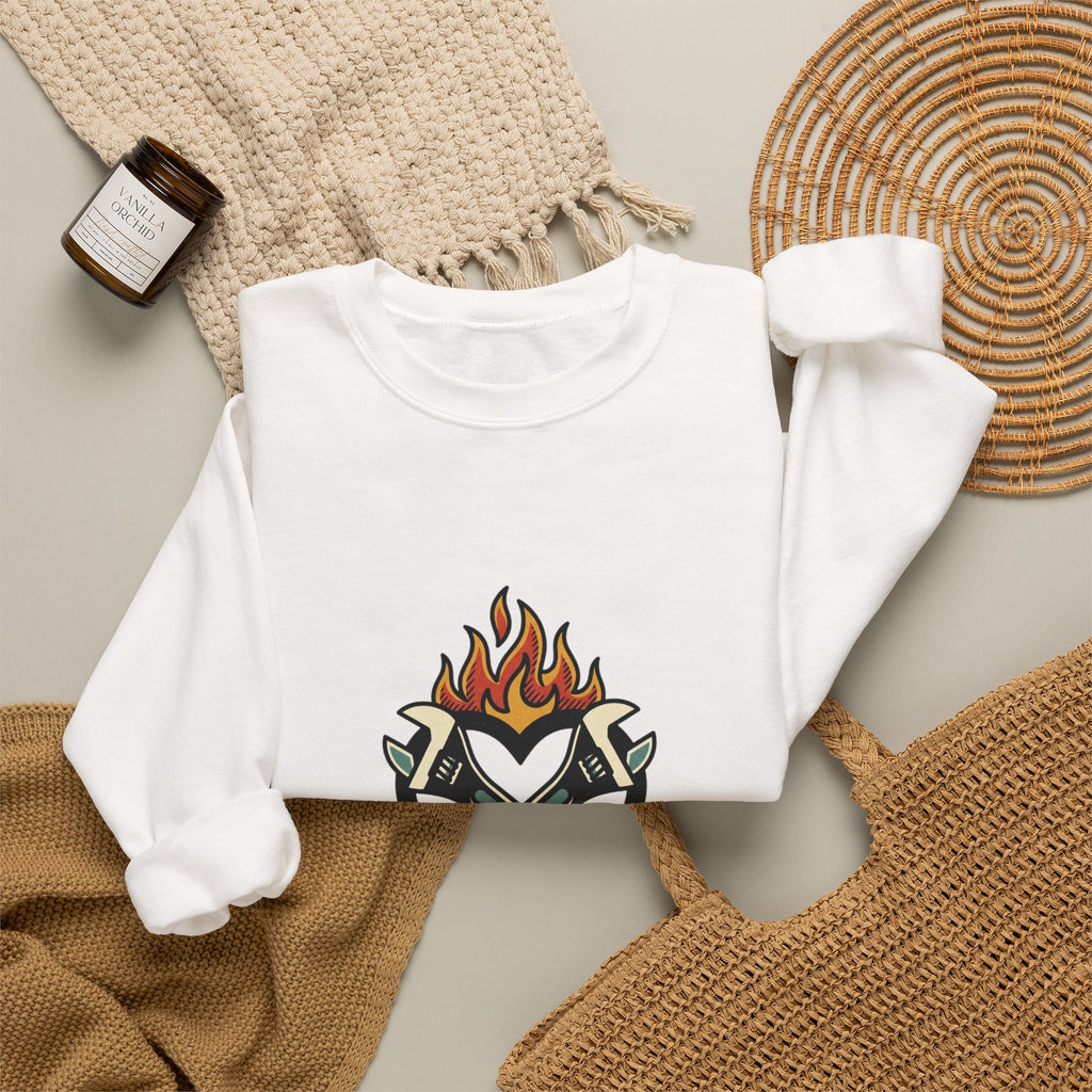 Grease and Grit Heart & Wrench Sweatshirt | Traditional Tattoo-Inspired, Flame & Rose