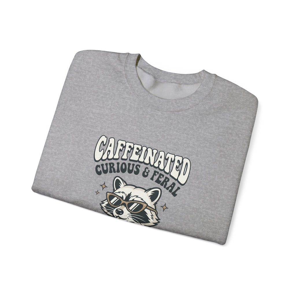 Caffeinated Curious & Feral Raccoon Crewneck | Feral Raccoon Aesthetic, Celestial Wilderness