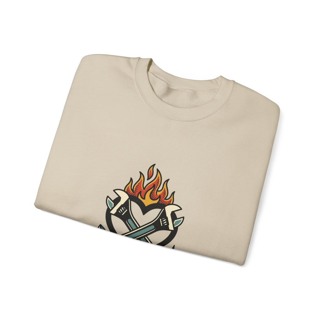 Grease and Grit Heart & Wrench Sweatshirt | Traditional Tattoo-Inspired, Flame & Rose