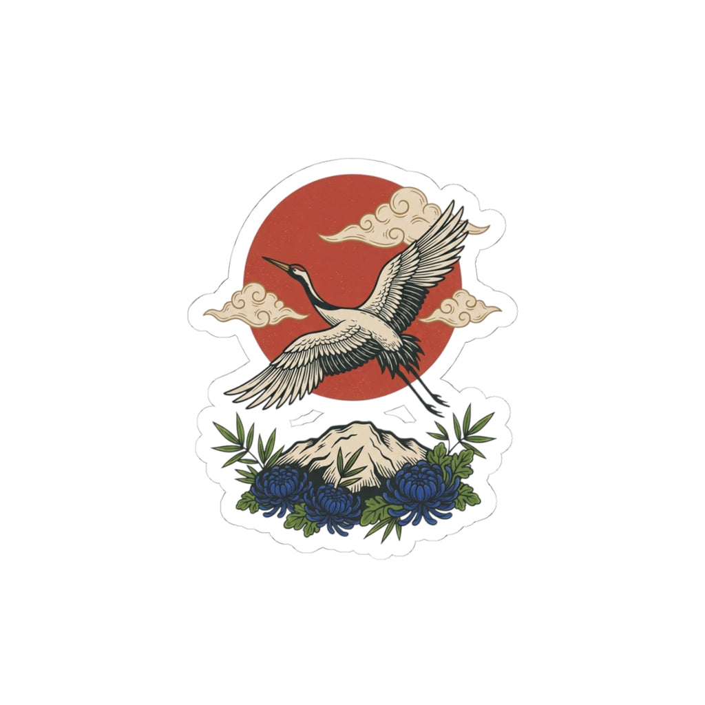 Crane & Mount Fuji Sticker | Traditional Tattoo Flash, Floral Banner