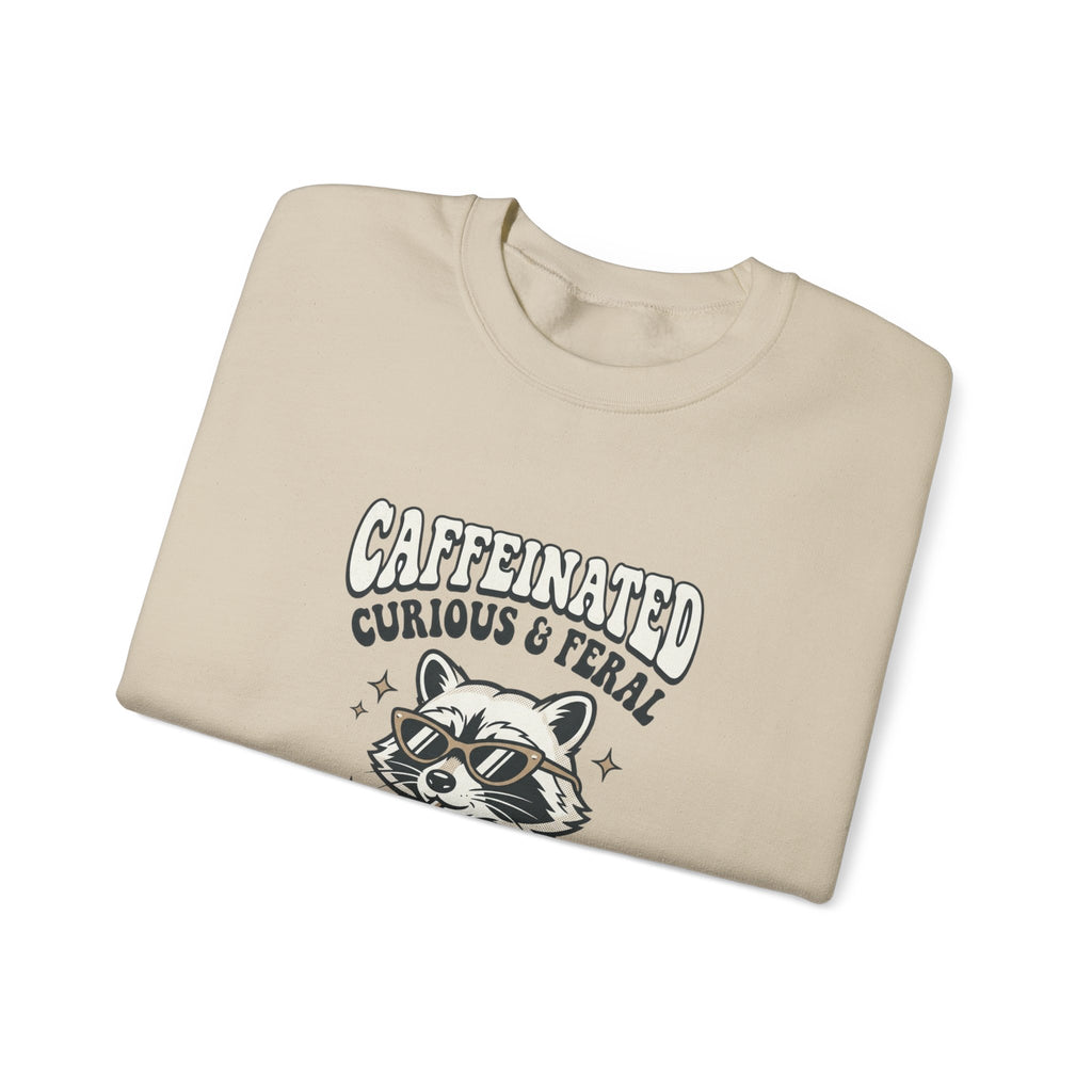 Caffeinated Curious & Feral Raccoon Crewneck | Feral Raccoon Aesthetic, Celestial Wilderness