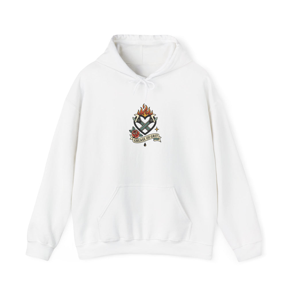 Flaming Dagger Crest Hoodie | Traditional Tattoo-Style, Banner & Roses
