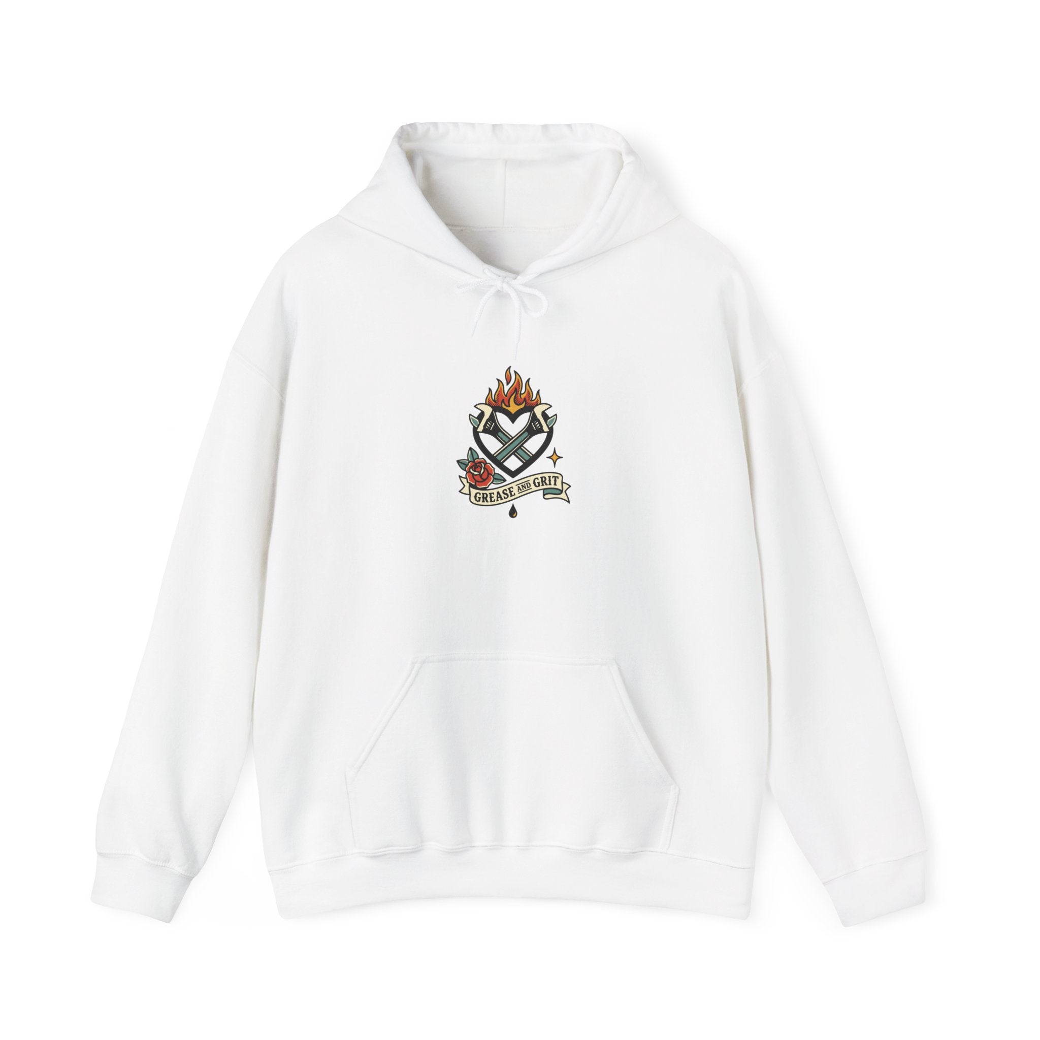 Flaming Dagger Crest Hoodie | Traditional Tattoo-Style, Banner & Roses