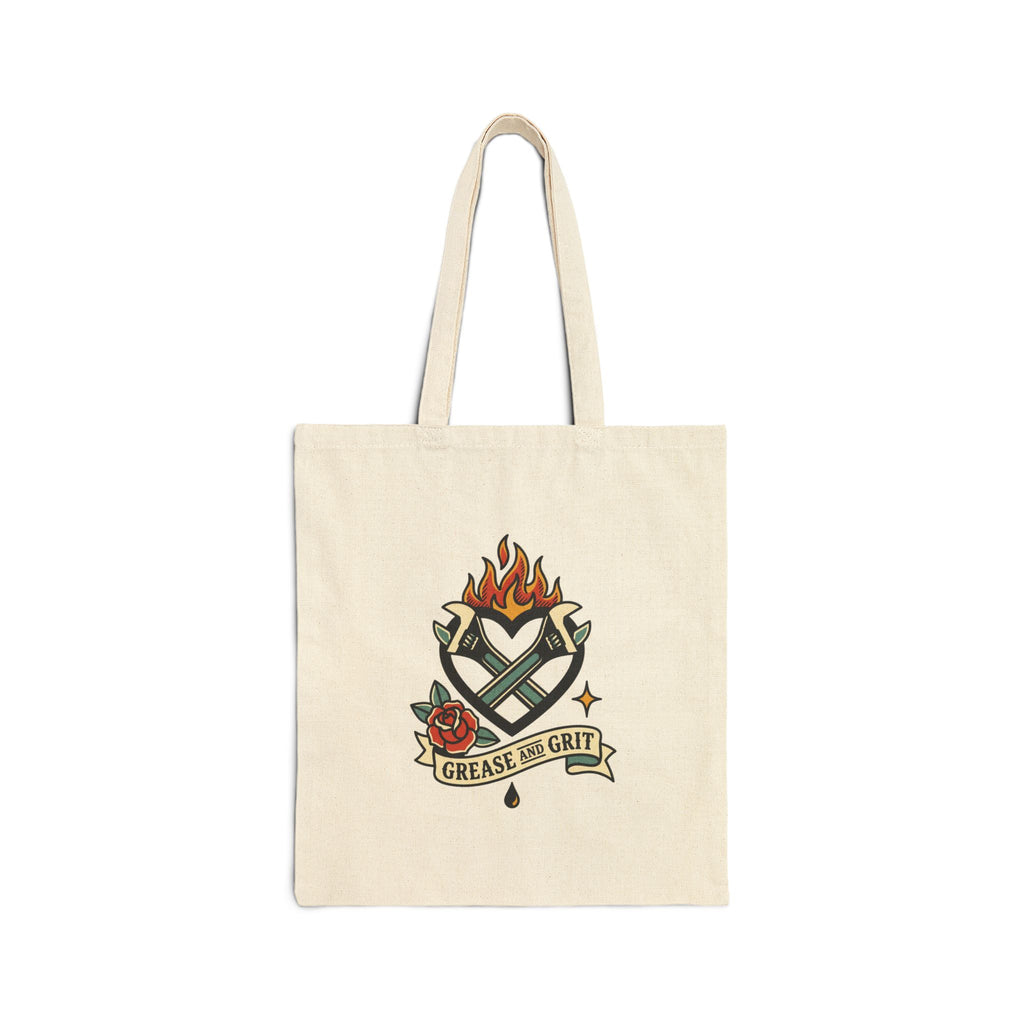 Grease & Grit Heart Flame Tote | Traditional Tattoo-Inspired, Rose Banner Canvas