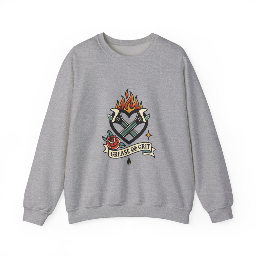 Grease and Grit Heart & Wrench Sweatshirt | Traditional Tattoo-Inspired, Flame & Rose