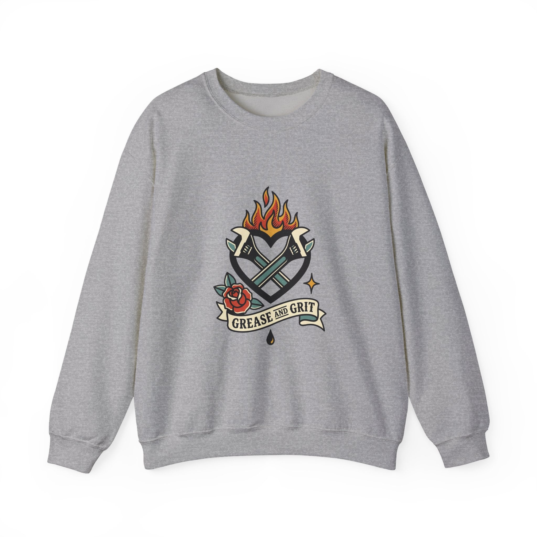 Grease and Grit Heart & Wrench Sweatshirt | Traditional Tattoo-Inspired, Flame & Rose