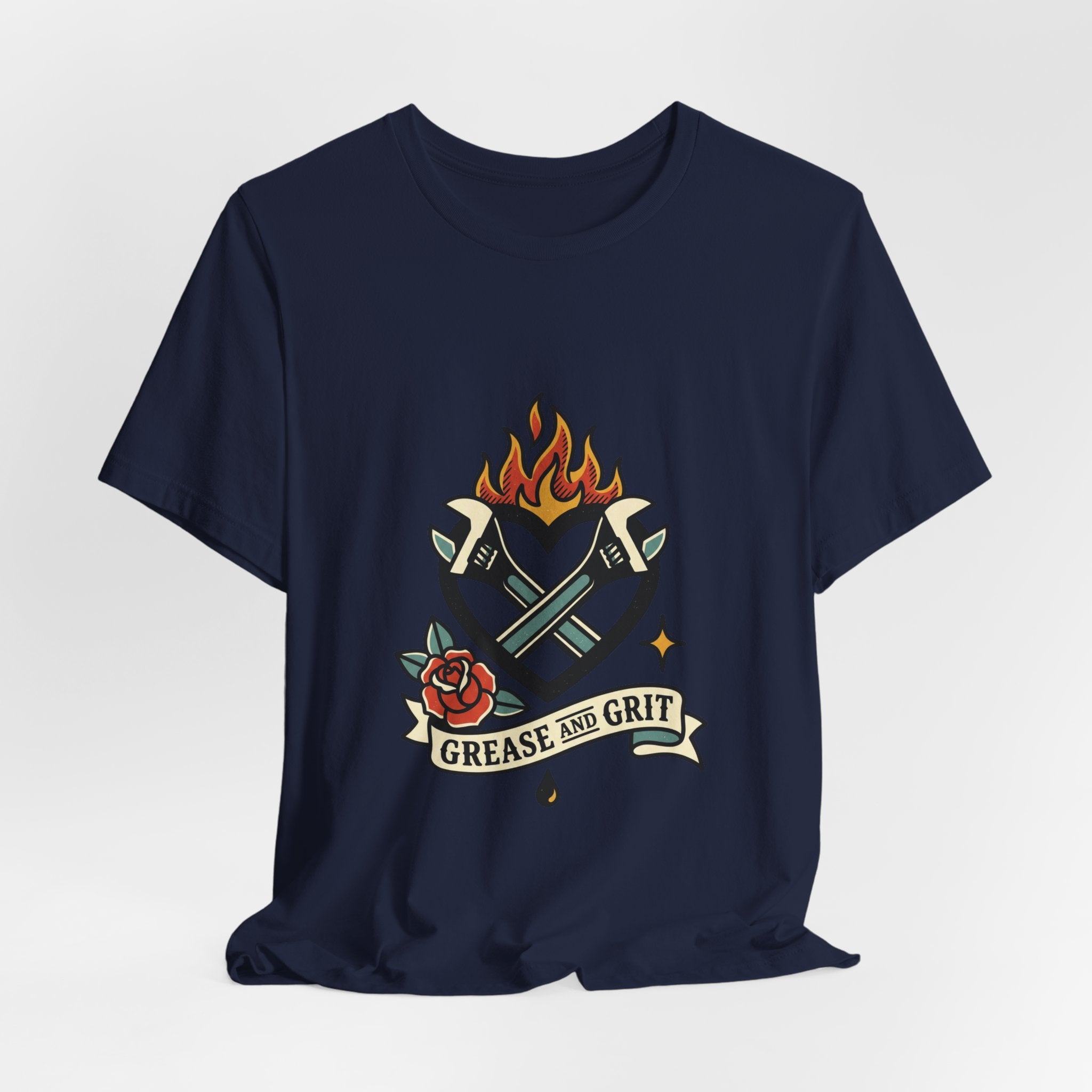 Grease and Grit Heart Flame Tee | Traditional Tattoo Style, Banner & Rose