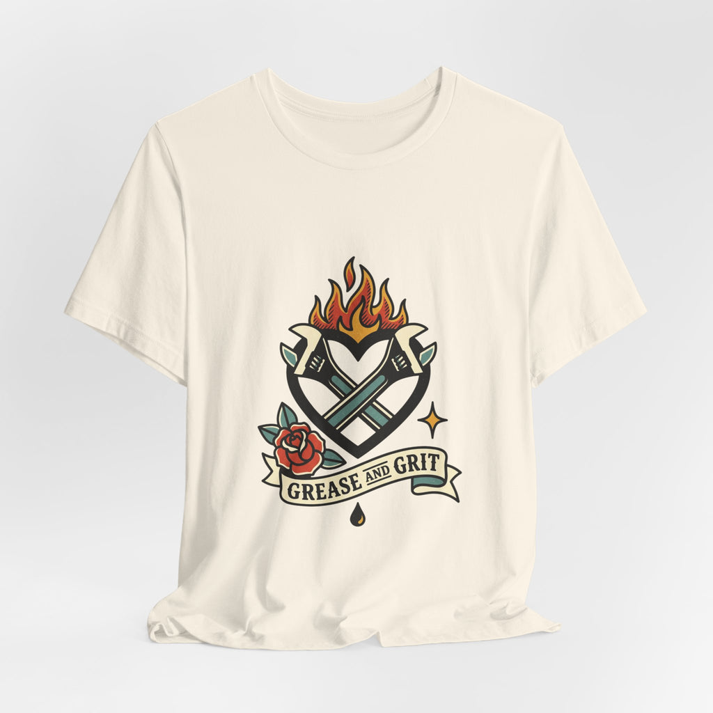 Grease and Grit Heart Flame Tee | Traditional Tattoo Style, Banner & Rose