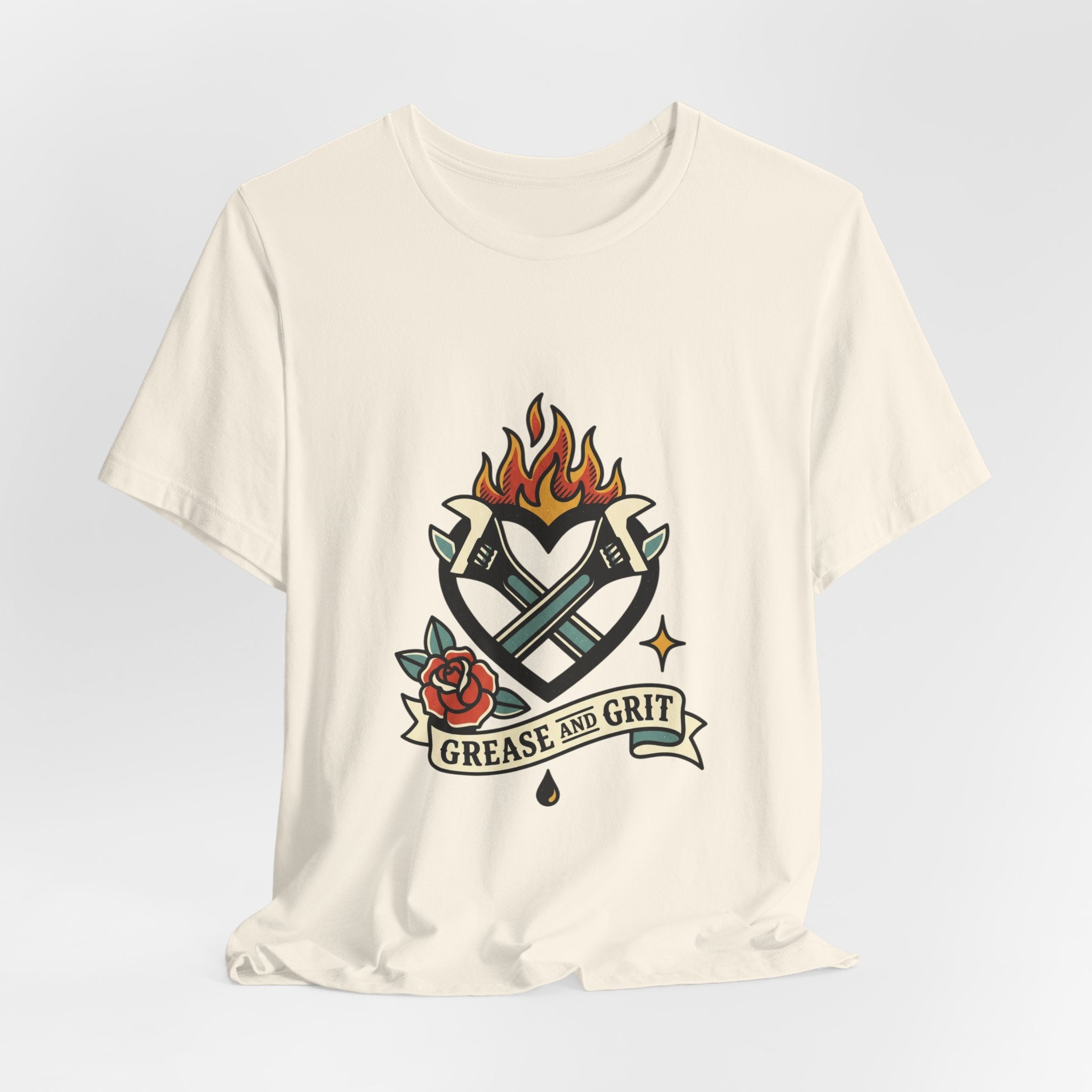 Grease and Grit Heart Flame Tee | Traditional Tattoo Style, Banner & Rose