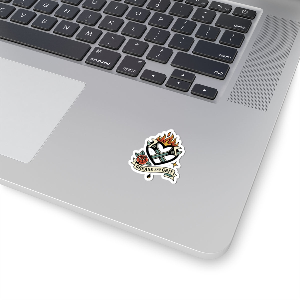 Grease and Grit Heart Wrench Sticker | Traditional Tattoo-Inspired, Flame & Rose Kiss-Cut