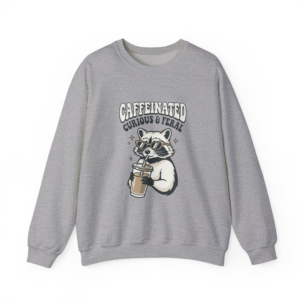 Caffeinated Curious & Feral Raccoon Crewneck | Feral Raccoon Aesthetic, Celestial Wilderness