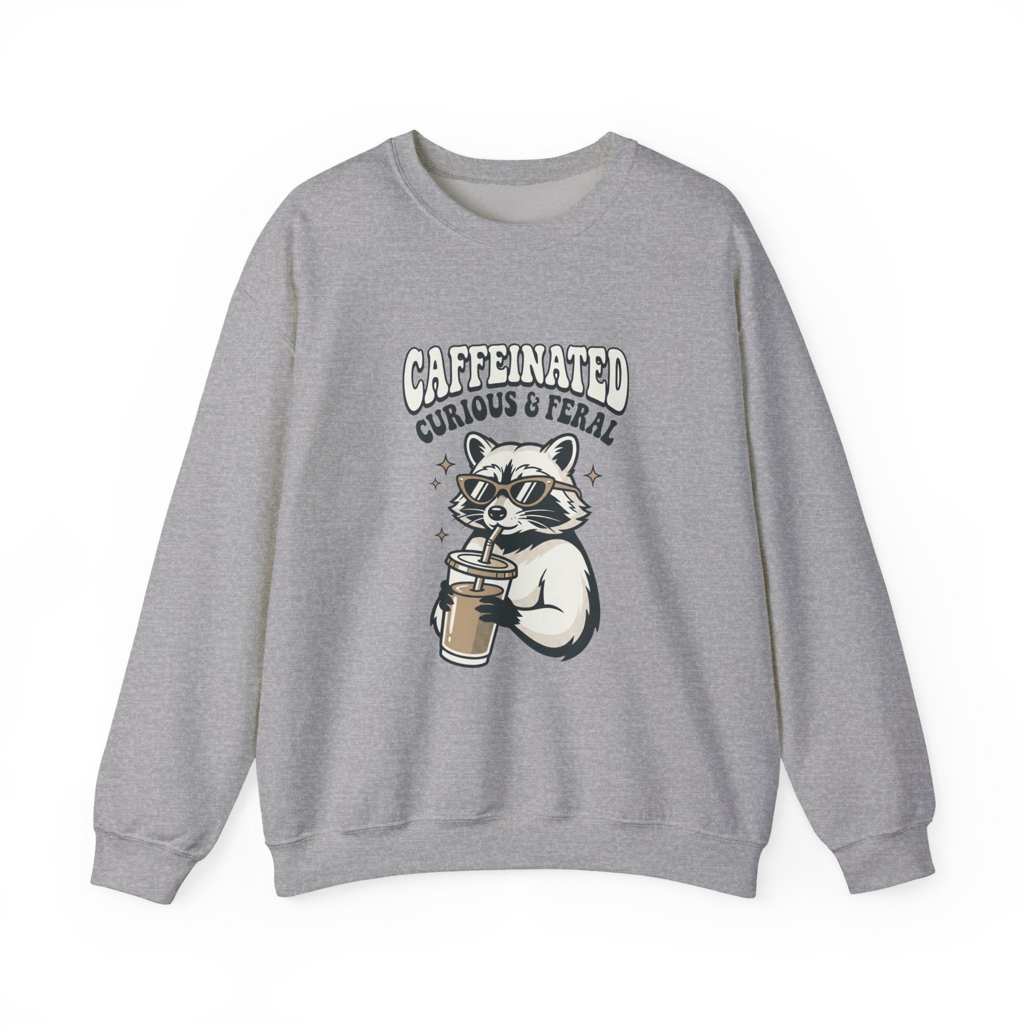 Caffeinated Curious & Feral Raccoon Crewneck | Feral Raccoon Aesthetic, Celestial Wilderness