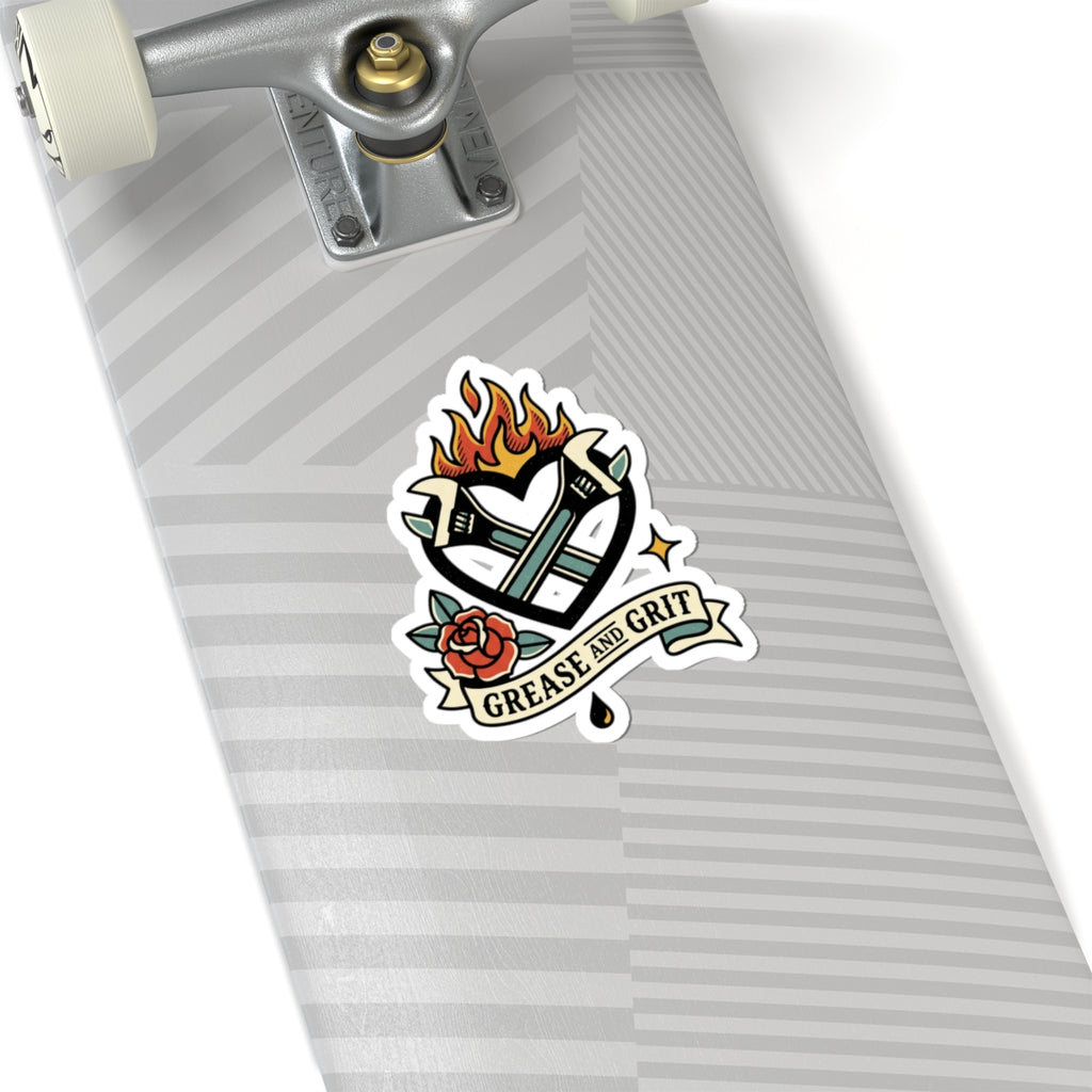 Grease and Grit Heart Wrench Sticker | Traditional Tattoo-Inspired, Flame & Rose Kiss-Cut