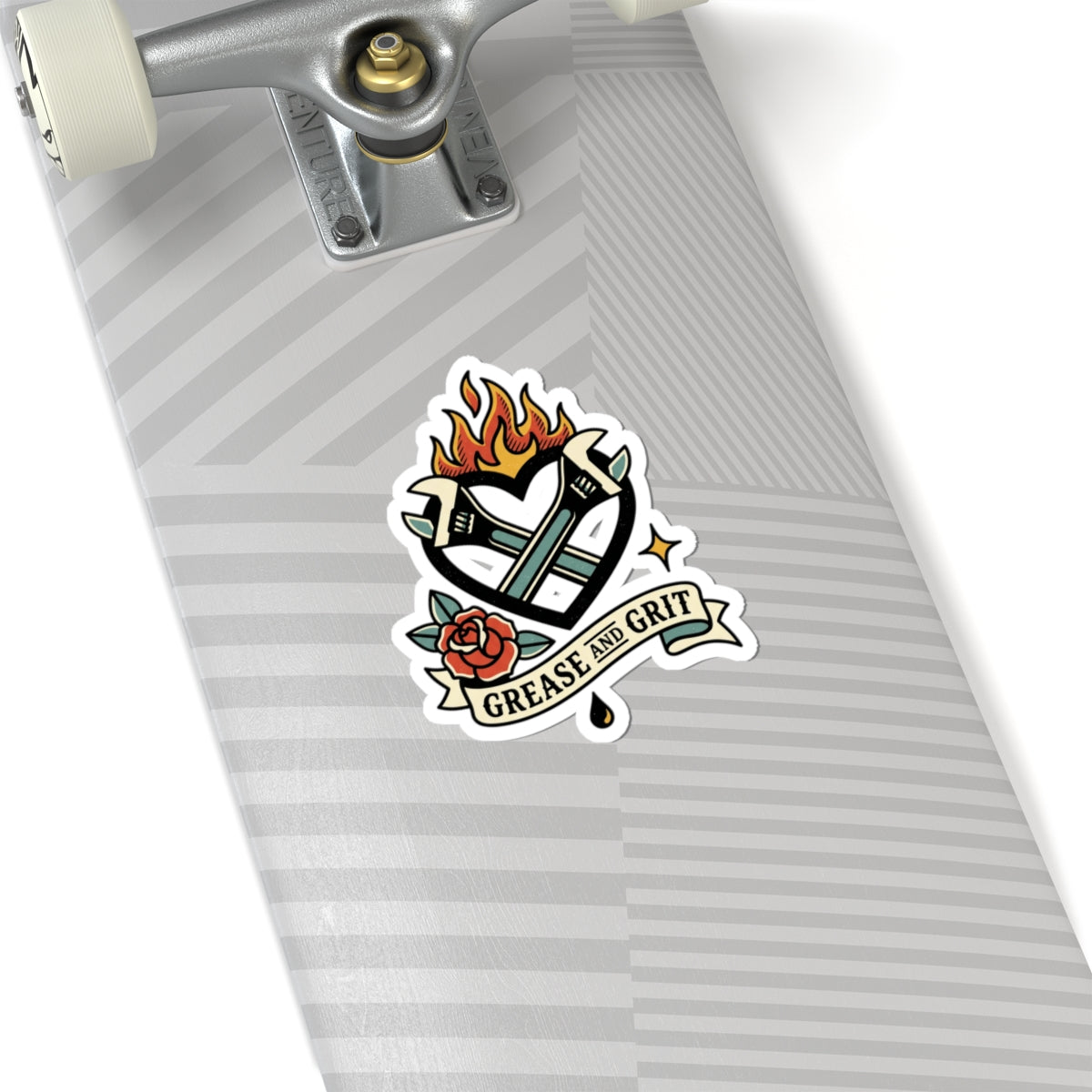Grease and Grit Heart Wrench Sticker | Traditional Tattoo-Inspired, Flame & Rose Kiss-Cut