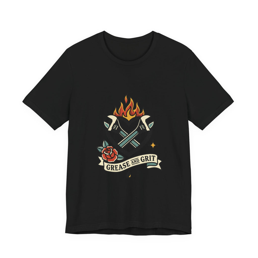 Grease and Grit Heart Flame Tee | Traditional Tattoo Style, Banner & Rose