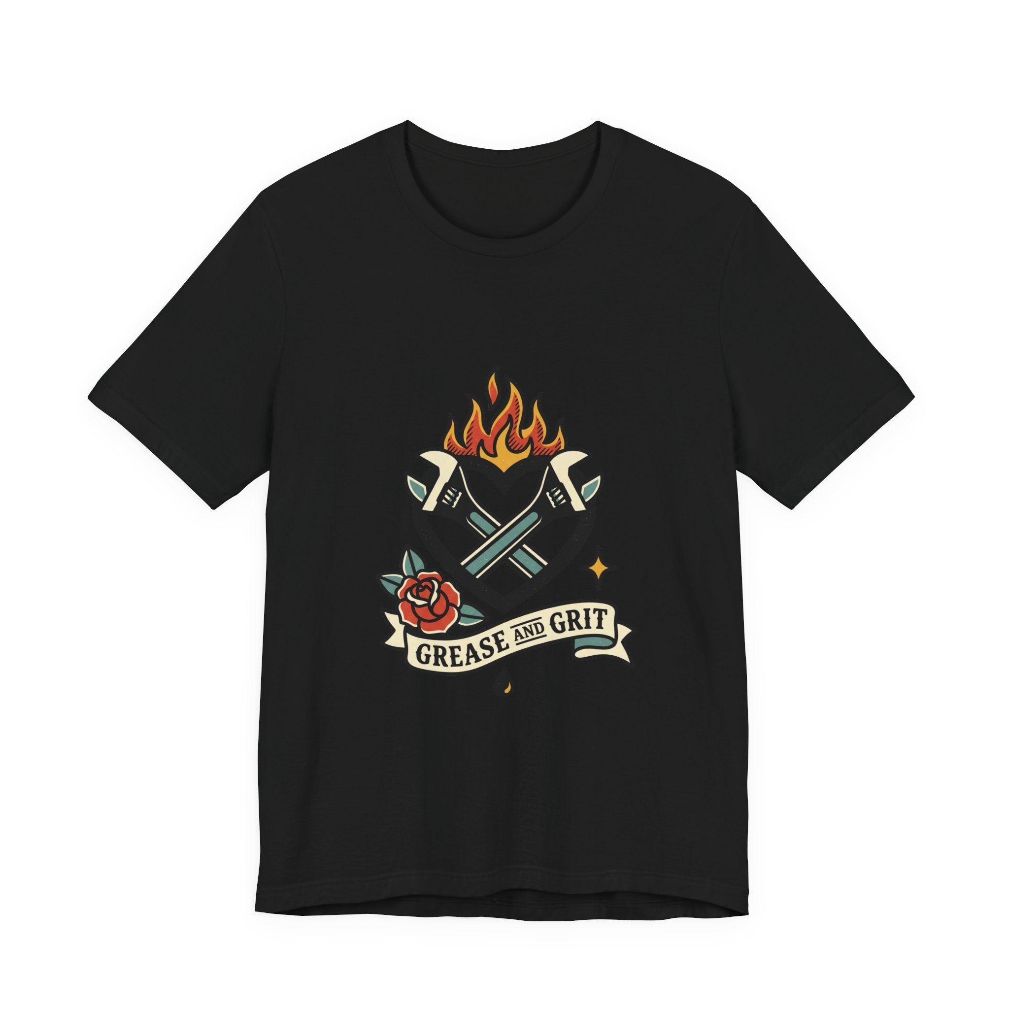 Grease and Grit Heart Flame Tee | Traditional Tattoo Style, Banner & Rose