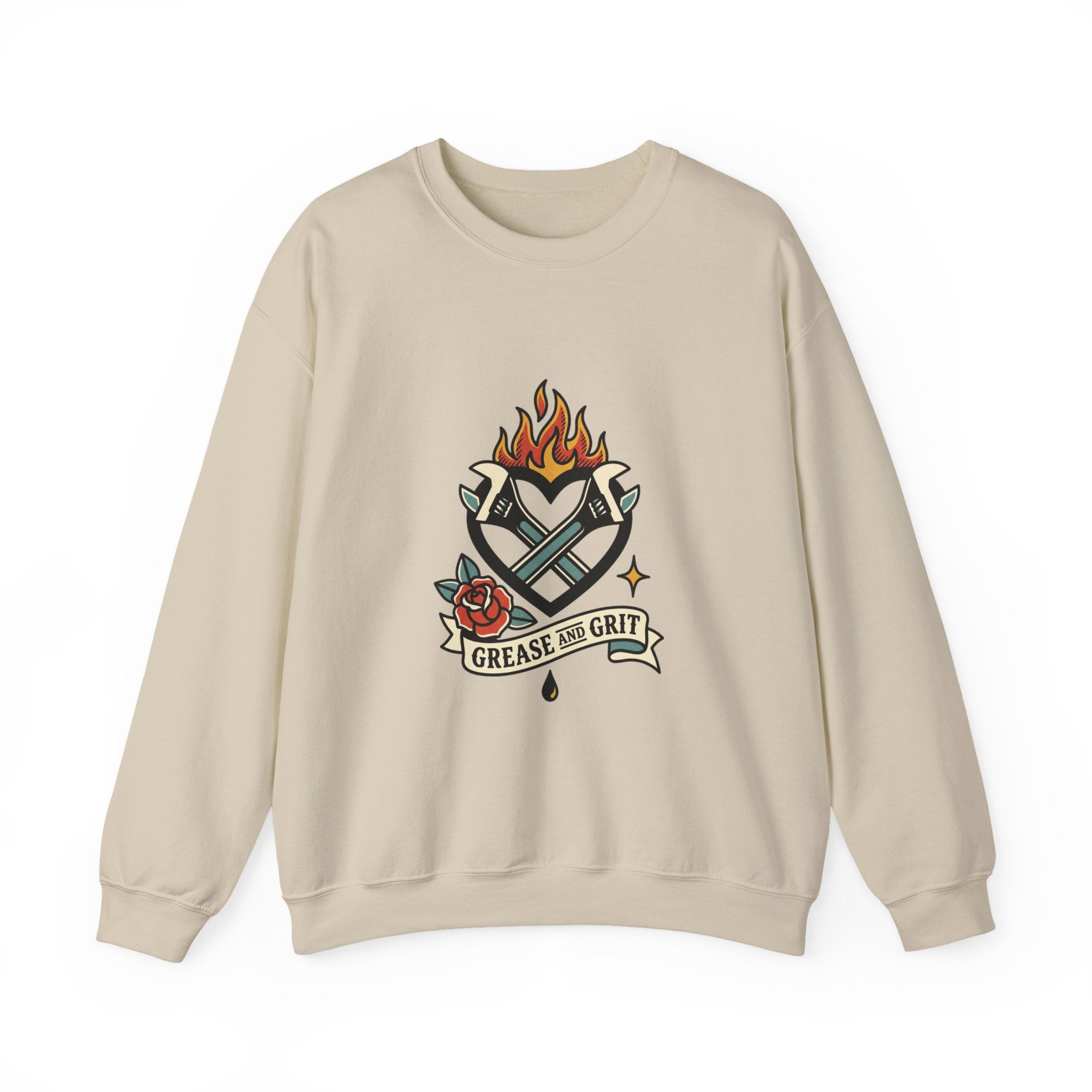 Grease and Grit Heart & Wrench Sweatshirt | Traditional Tattoo-Inspired, Flame & Rose