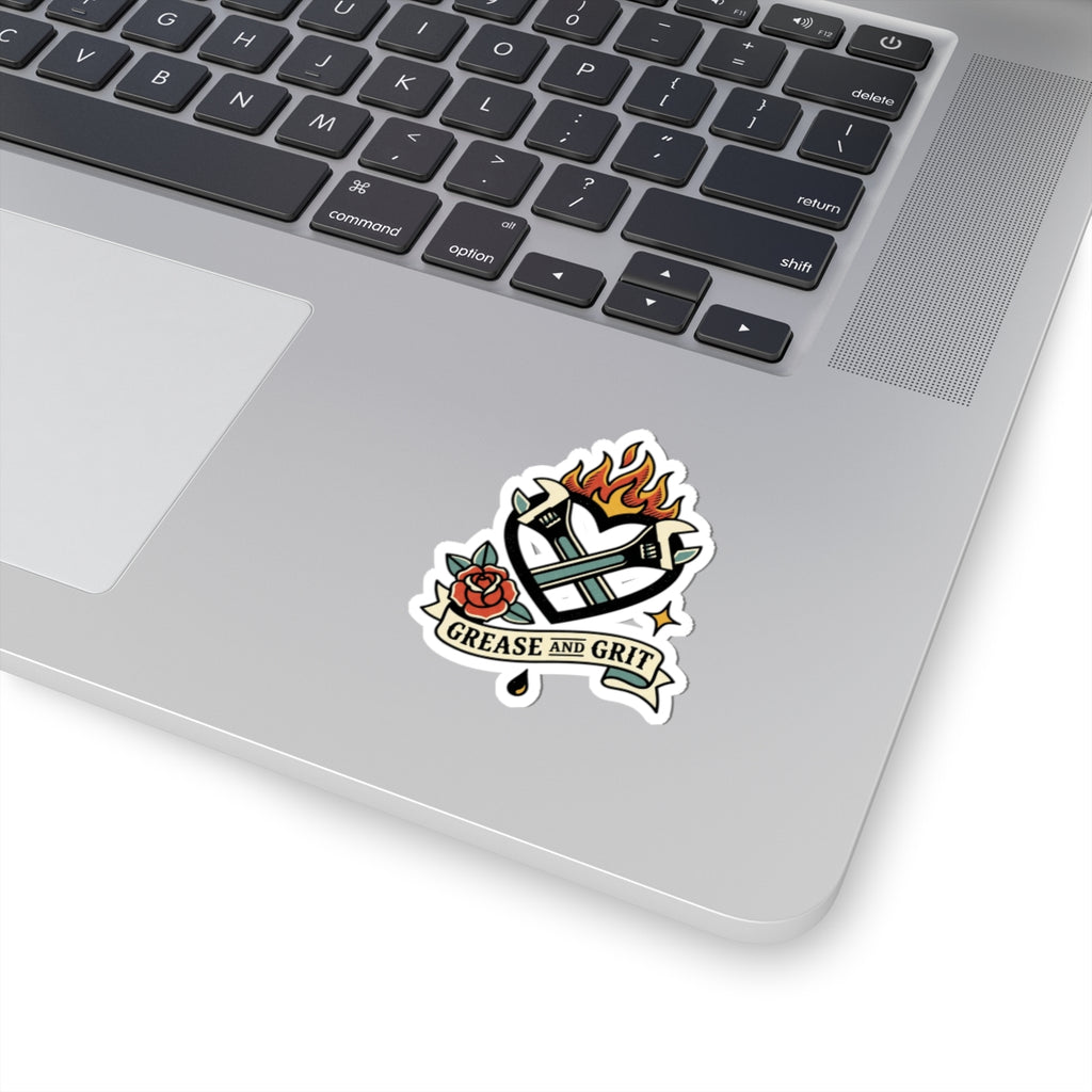 Grease and Grit Heart Wrench Sticker | Traditional Tattoo-Inspired, Flame & Rose Kiss-Cut