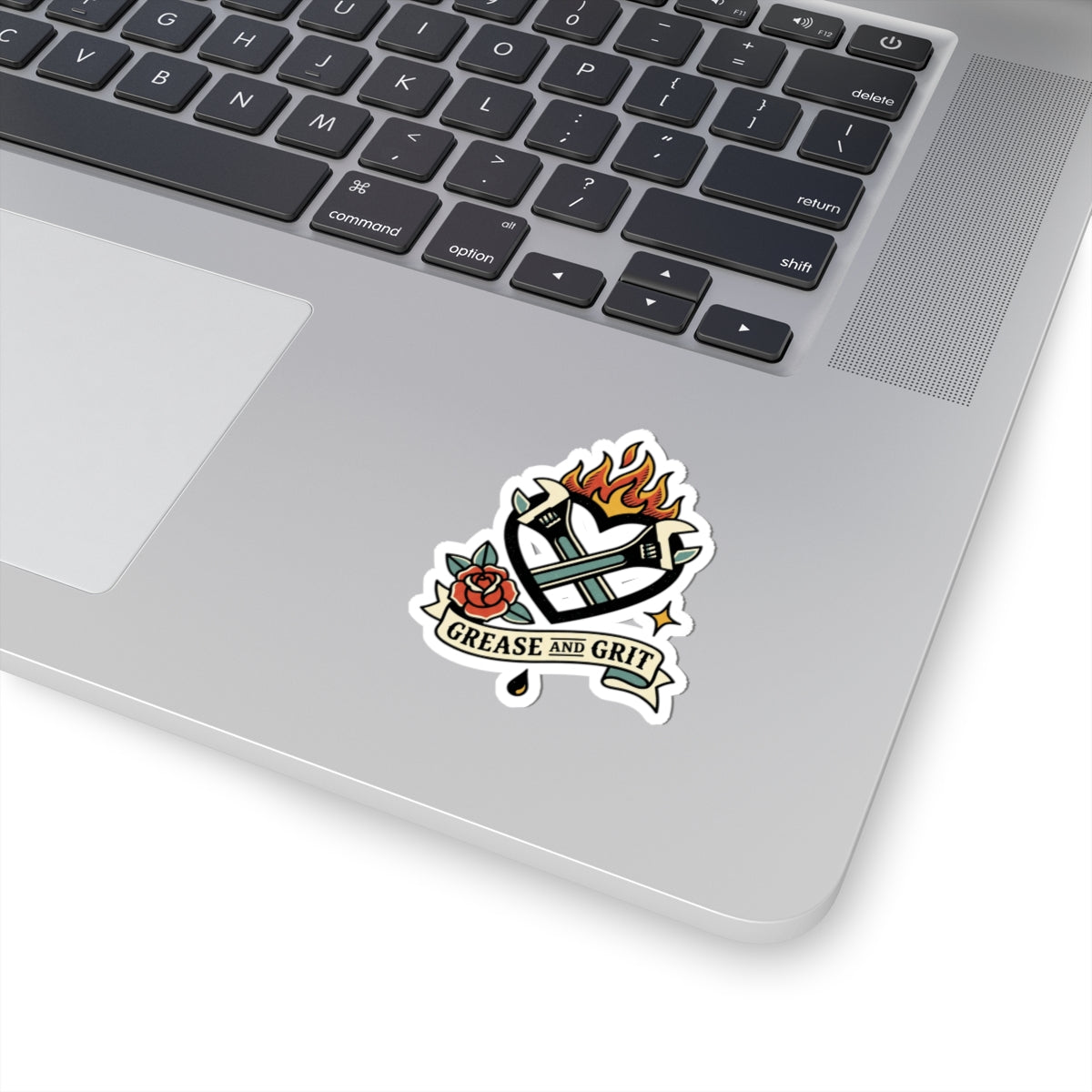 Grease and Grit Heart Wrench Sticker | Traditional Tattoo-Inspired, Flame & Rose Kiss-Cut