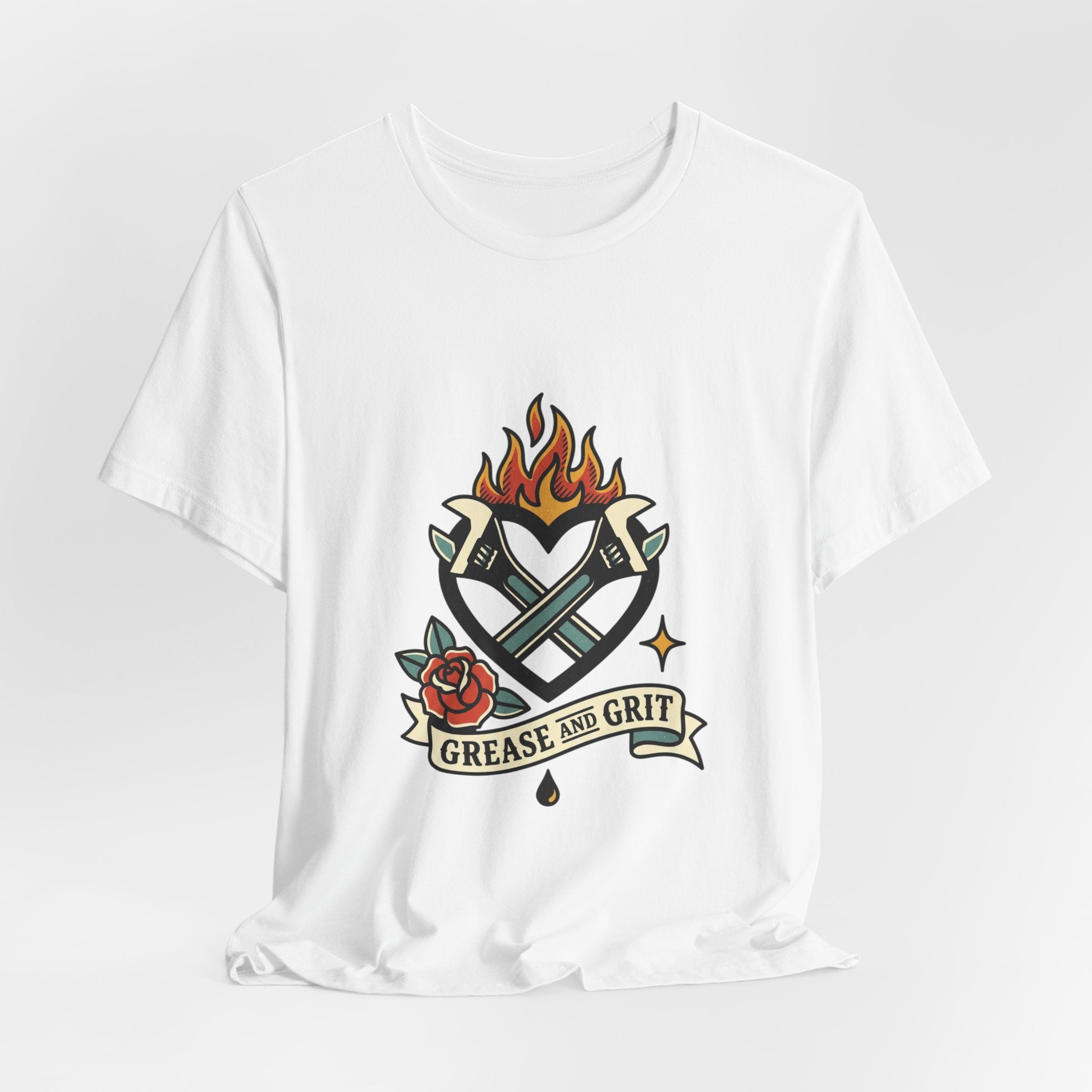 Grease and Grit Heart Flame Tee | Traditional Tattoo Style, Banner & Rose