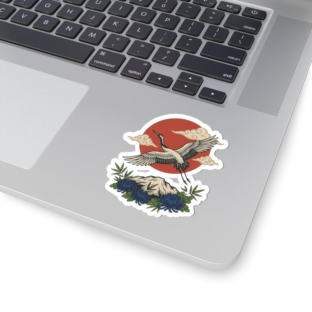 Crane & Mount Fuji Sticker | Traditional Tattoo Flash, Floral Banner