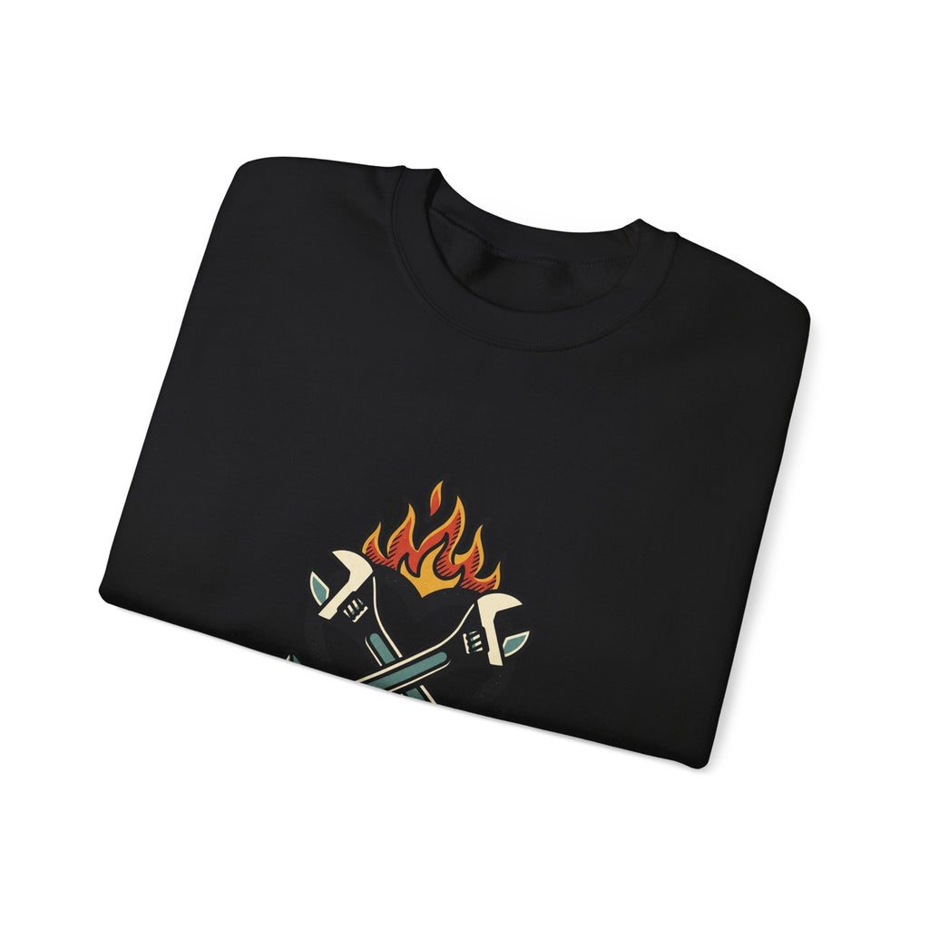Grease and Grit Heart & Wrench Sweatshirt | Traditional Tattoo-Inspired, Flame & Rose