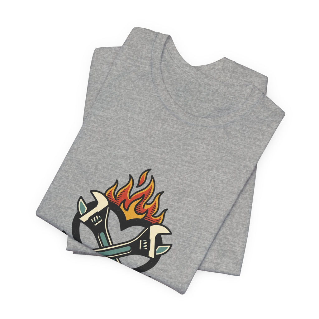 Grease and Grit Heart Flame Tee | Traditional Tattoo Style, Banner & Rose