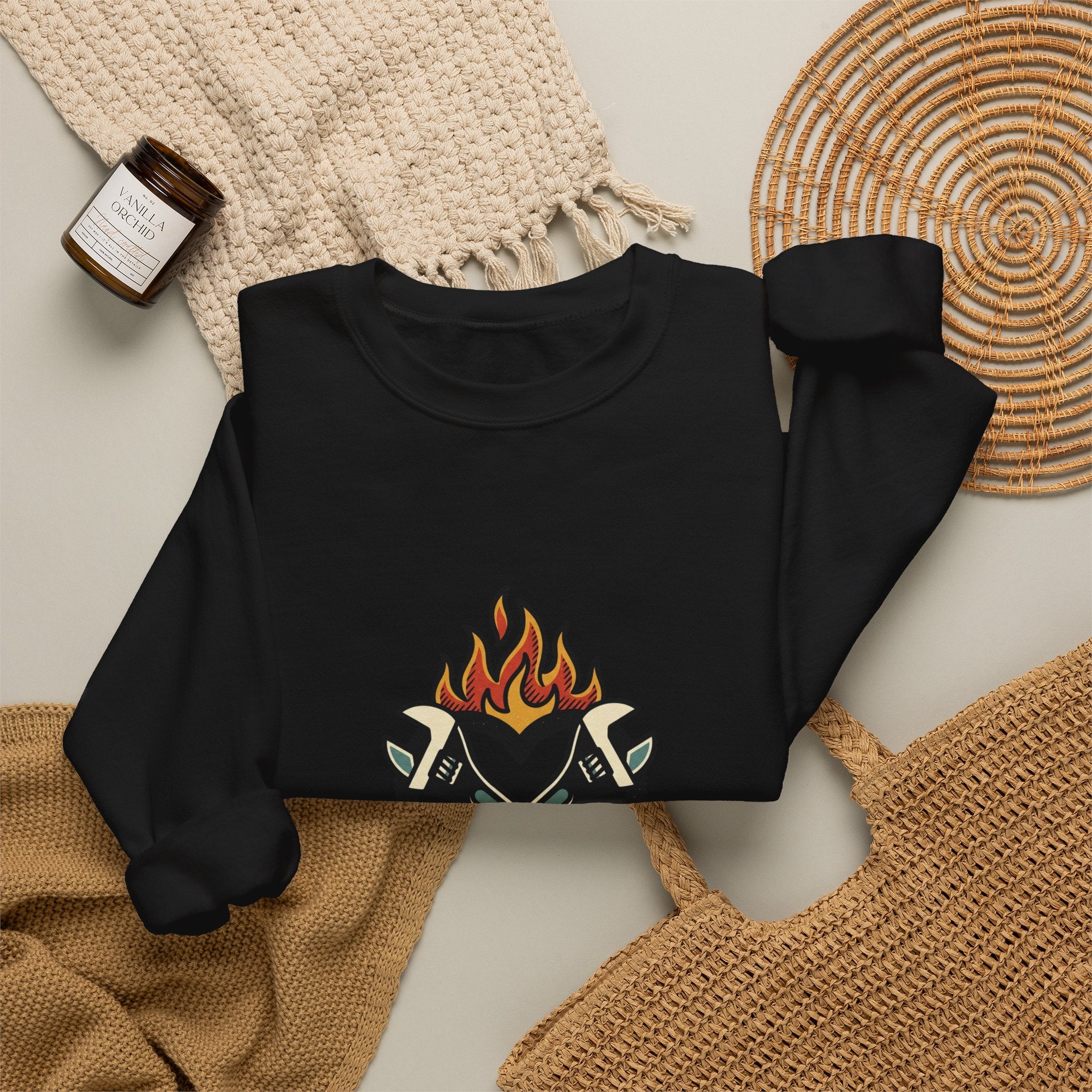 Grease and Grit Heart & Wrench Sweatshirt | Traditional Tattoo-Inspired, Flame & Rose