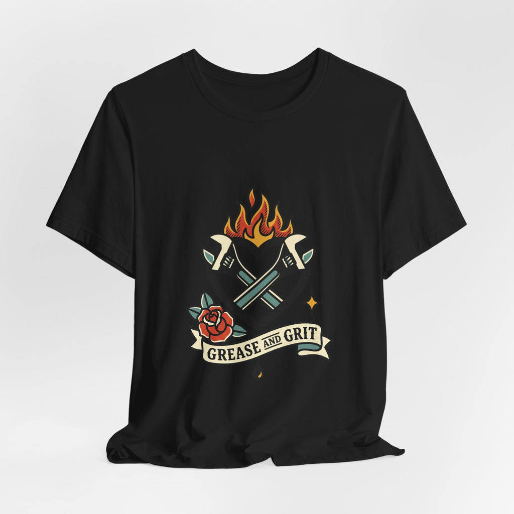 Grease and Grit Heart Flame Tee | Traditional Tattoo Style, Banner & Rose