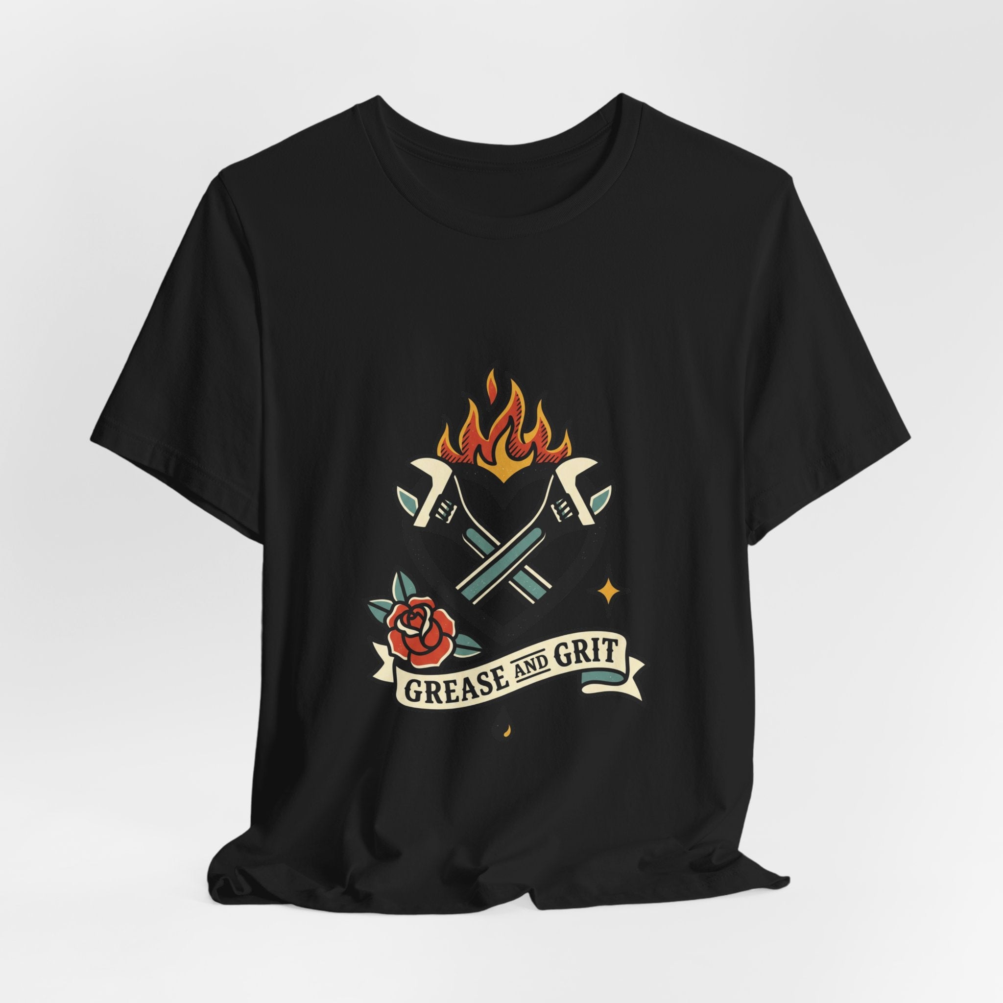 Grease and Grit Heart Flame Tee | Traditional Tattoo Style, Banner & Rose