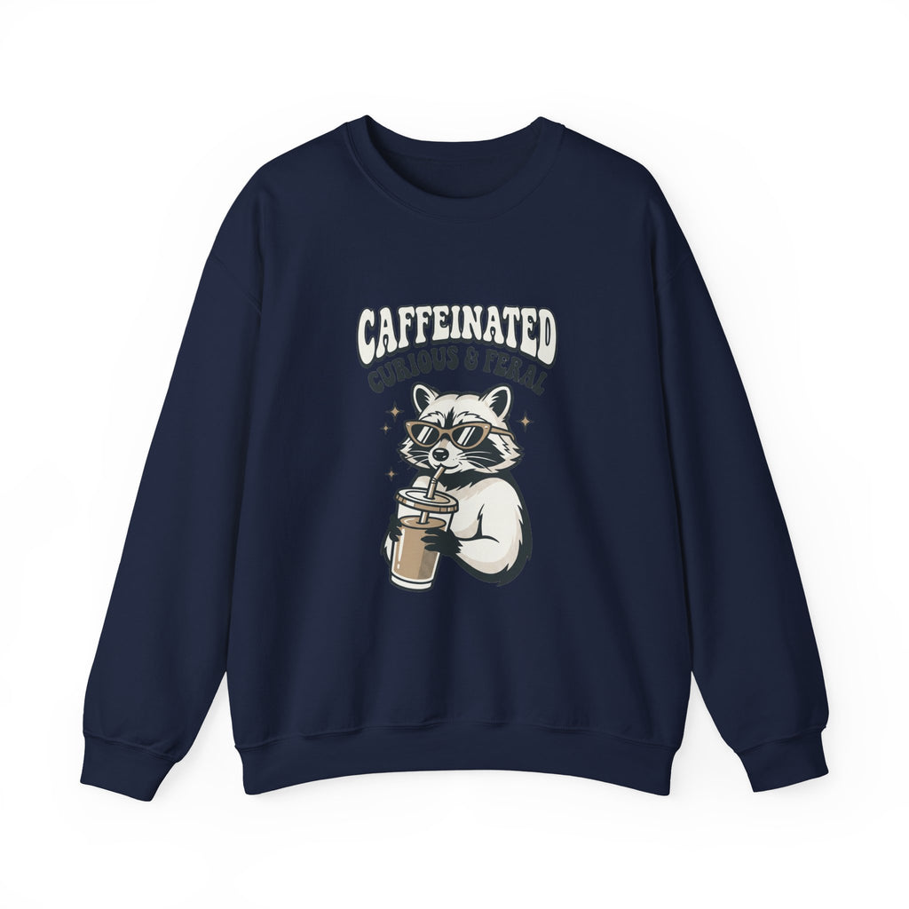 Caffeinated Curious & Feral Raccoon Crewneck | Feral Raccoon Aesthetic, Celestial Wilderness