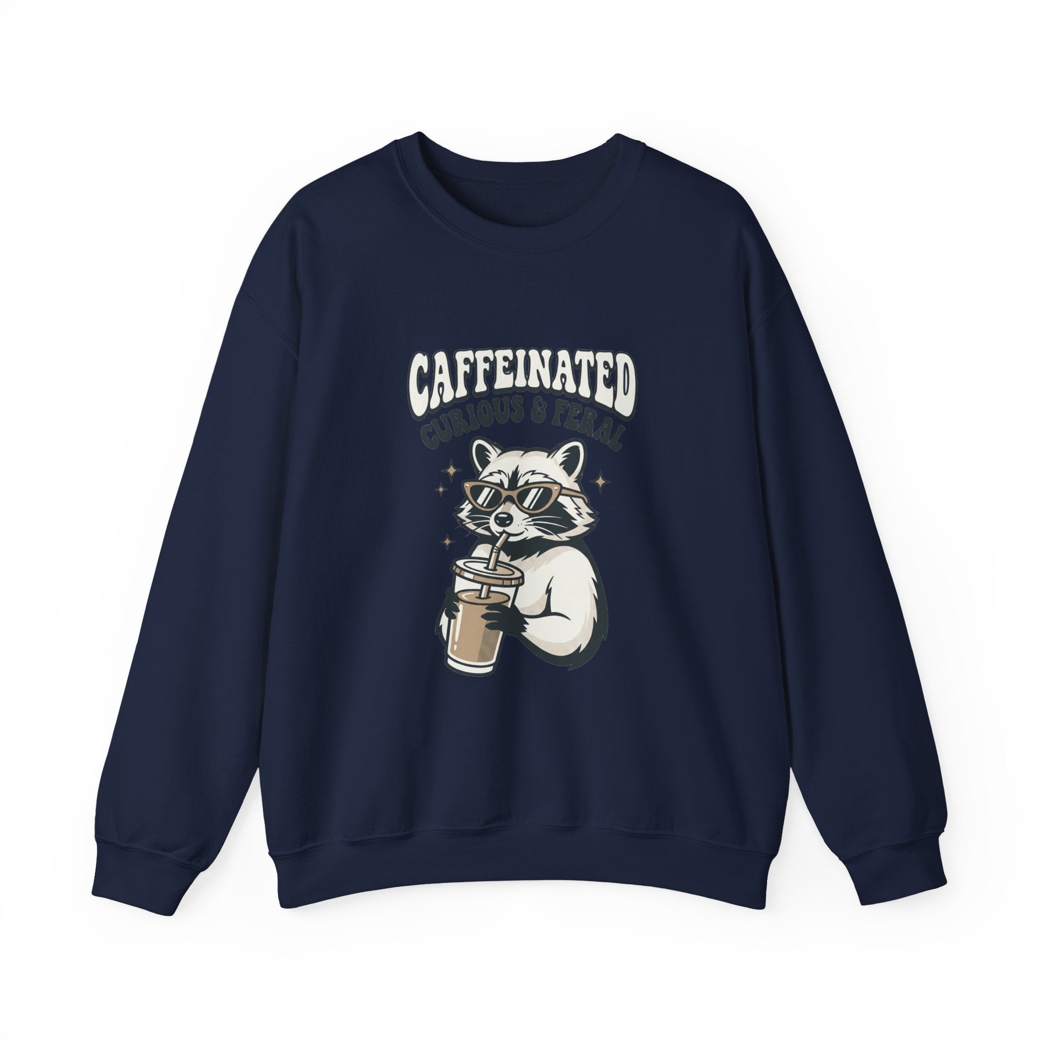 Caffeinated Curious & Feral Raccoon Crewneck | Feral Raccoon Aesthetic, Celestial Wilderness