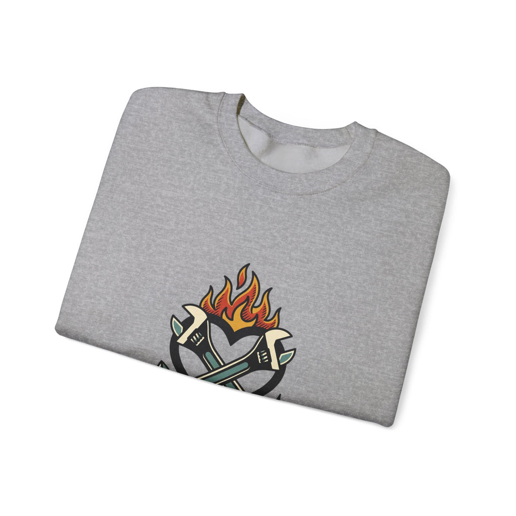 Grease and Grit Heart & Wrench Sweatshirt | Traditional Tattoo-Inspired, Flame & Rose