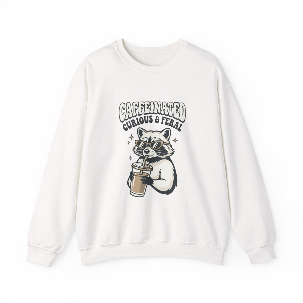 Caffeinated Curious & Feral Raccoon Crewneck | Feral Raccoon Aesthetic, Celestial Wilderness